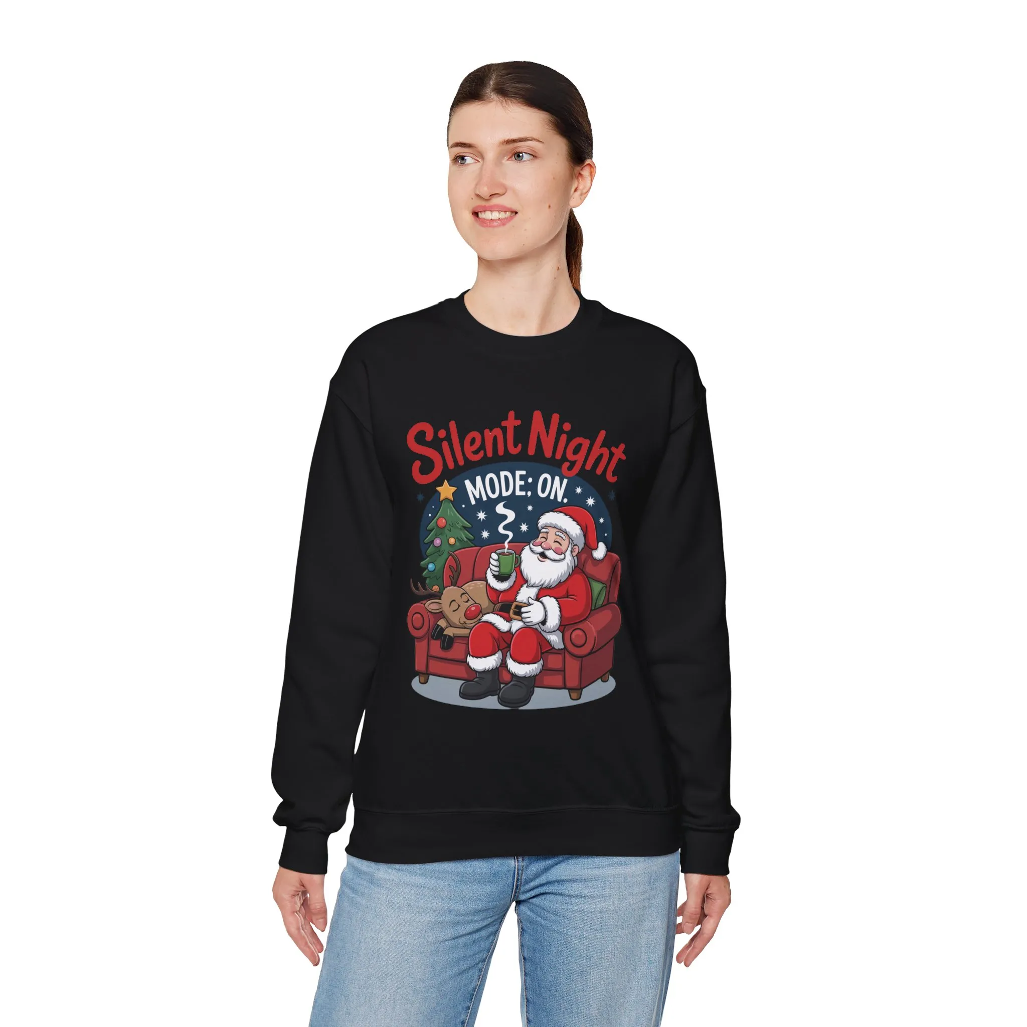 Silent Night Mode On Christmas Sweatshirt, Funny Relaxed Santa - Reindeer Sweater, Cozy Holiday Jumper for Women - Image 9