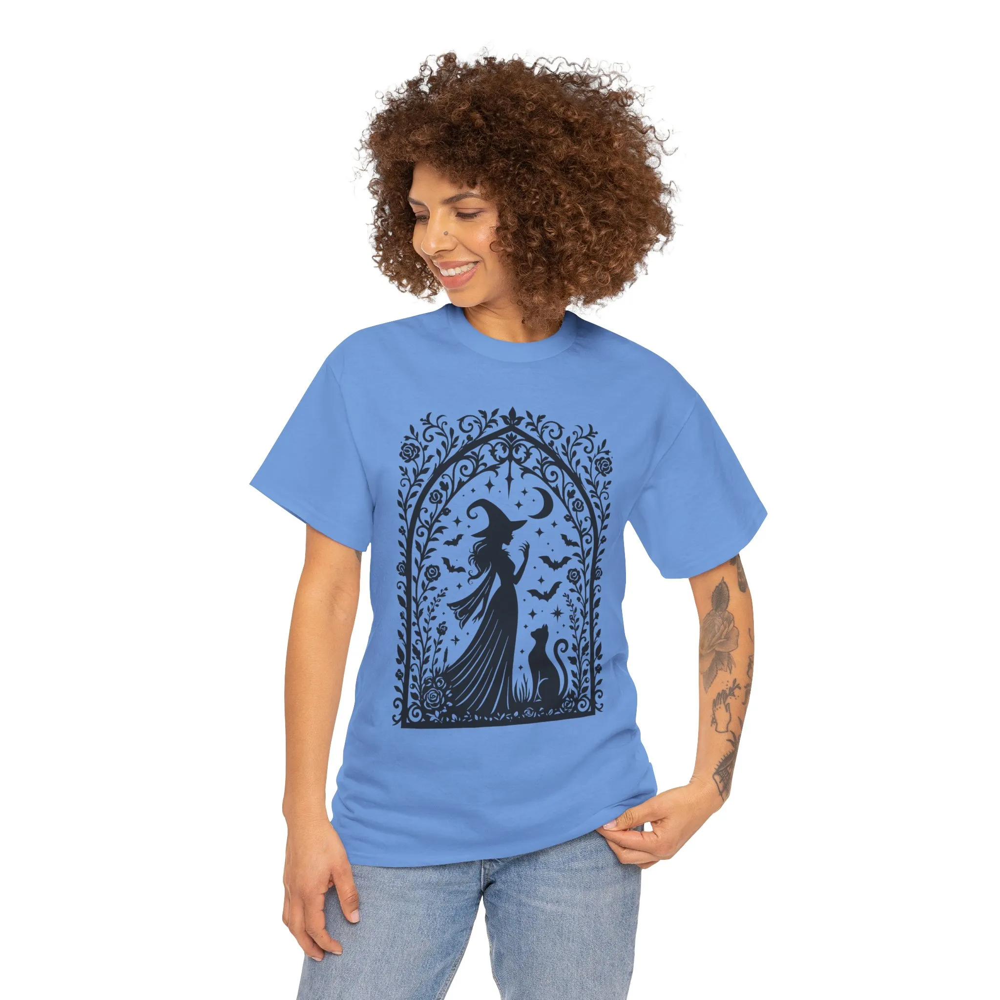 Gothic Witch & Cat Women's T-Shirt, Elegant Halloween Moon Silhouette Witchy Graphic Tee - Image 11