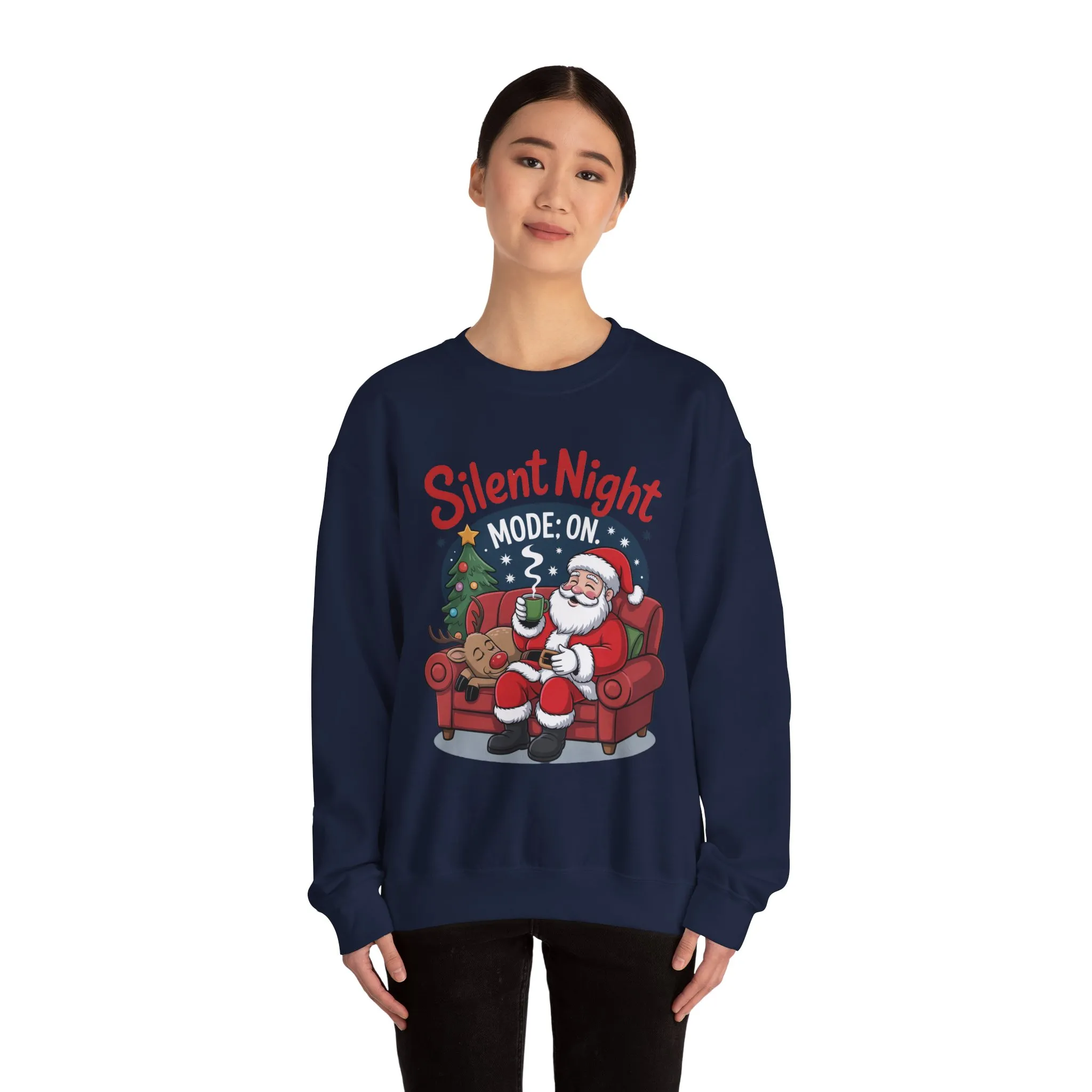 Silent Night Mode On Christmas Sweatshirt, Funny Relaxed Santa - Reindeer Sweater, Cozy Holiday Jumper for Women - Image 3
