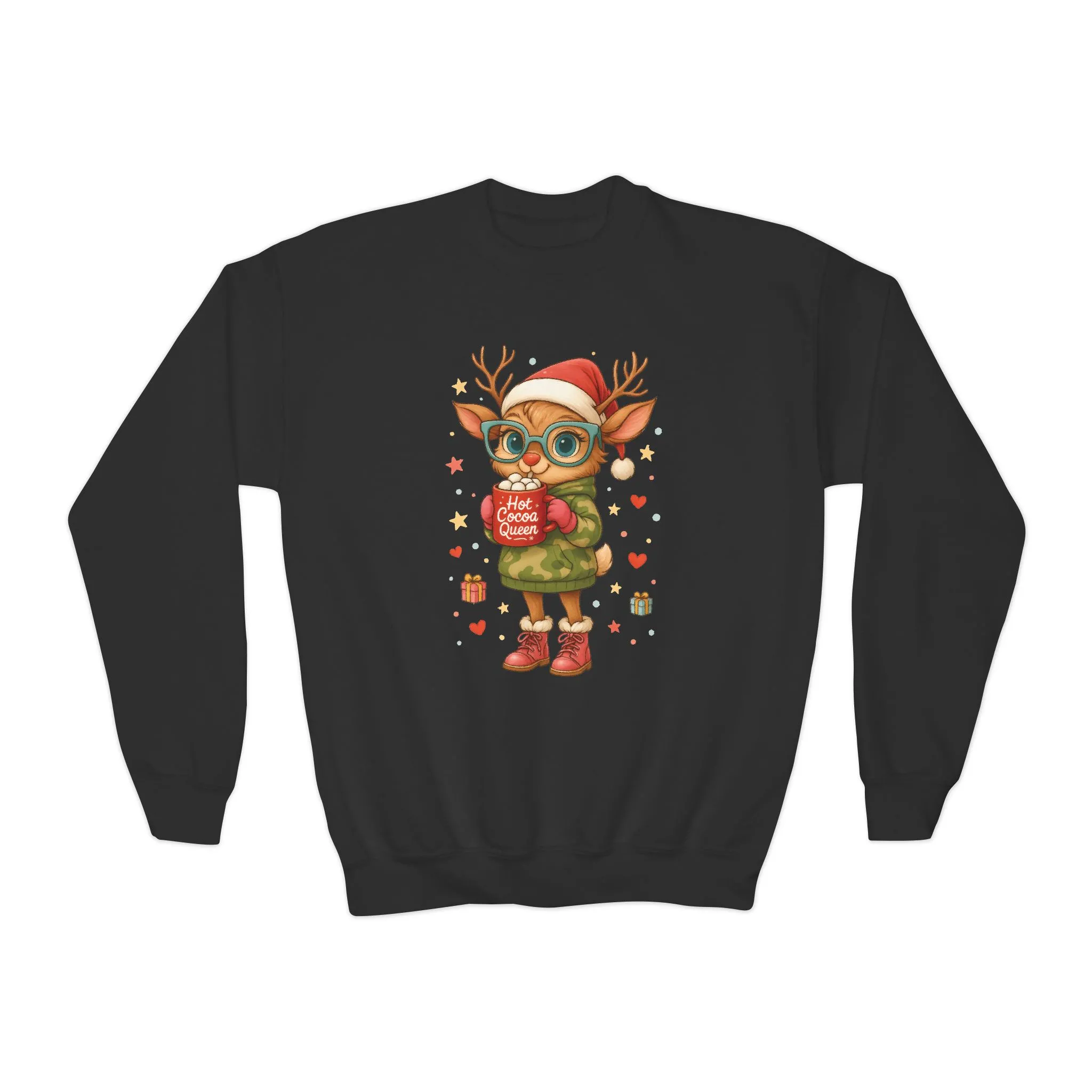 Hot Cocoa Queen Christmas Sweatshirt for Girls, Cute Holiday Reindeer Jumper - Image 5