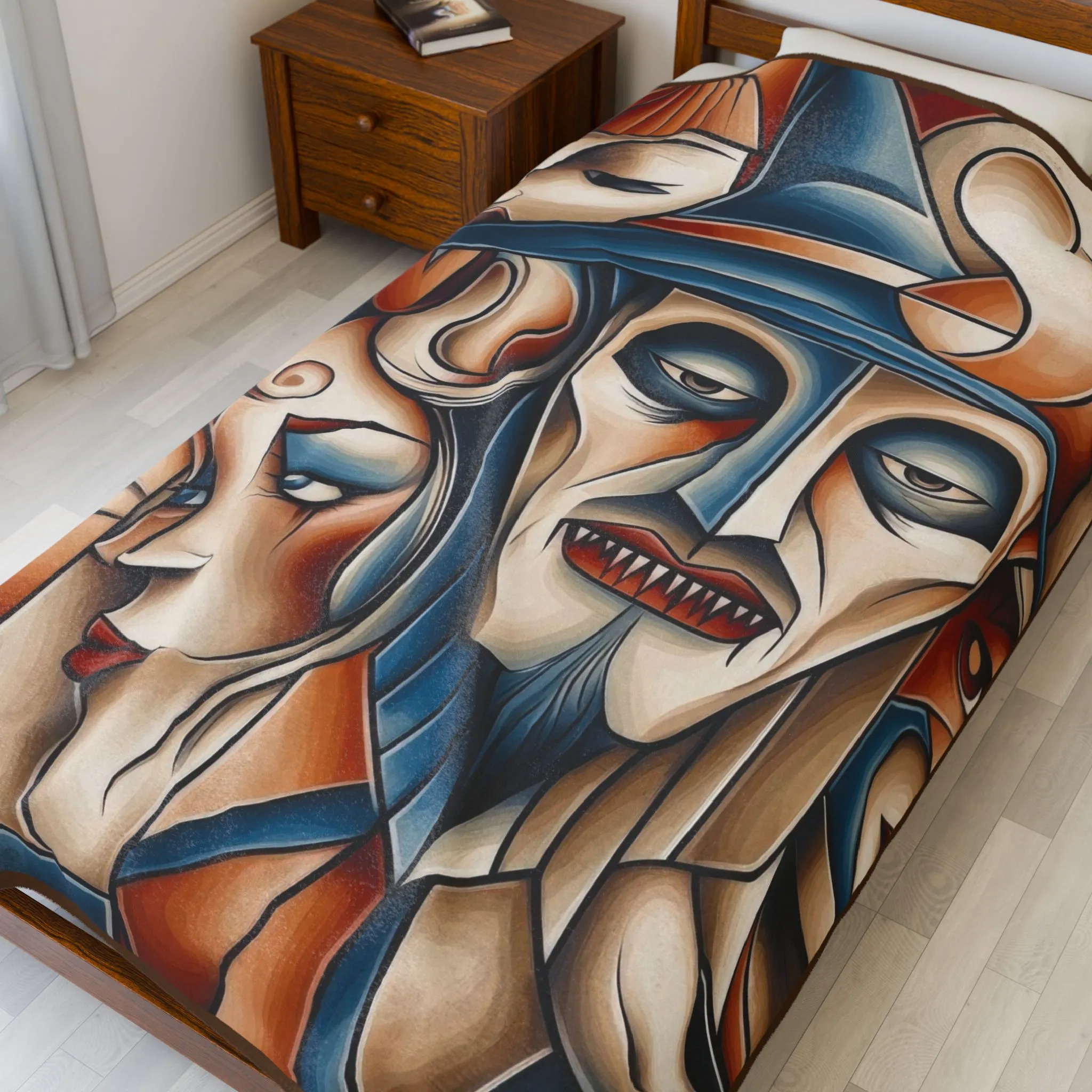 Abstract Gothic Faces Velveteen Plush Blanket, Cubist Witch and Vampire Art Throw Blanket, Modern Halloween Home Decor, Unique Artistic Gift - Image 3
