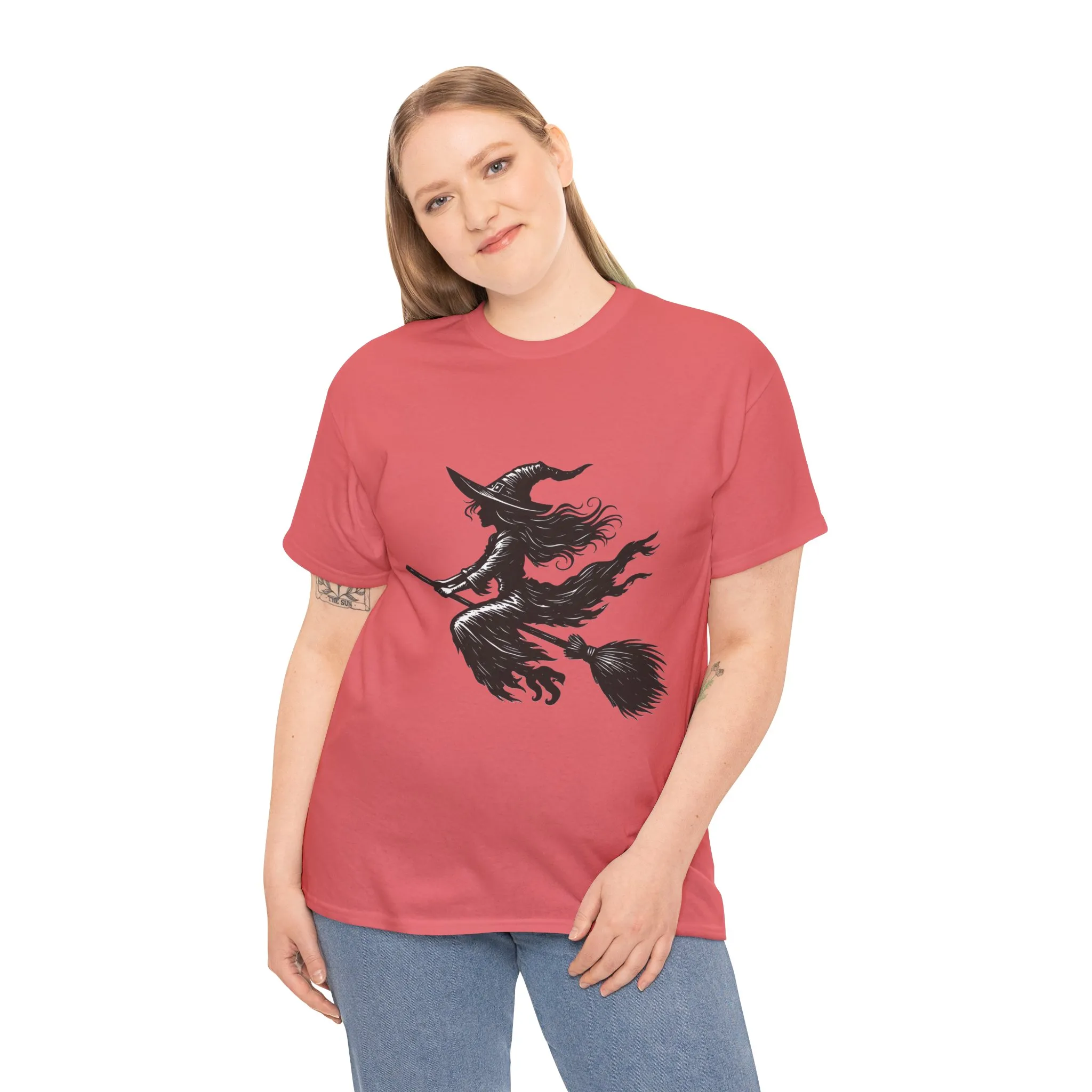 Flying Witch Silhouette Halloween T-Shirt for Women, Vintage Witch on Broom Tee, Spooky Gothic Fall Shirt, Minimal Black Witch Top - Image 9