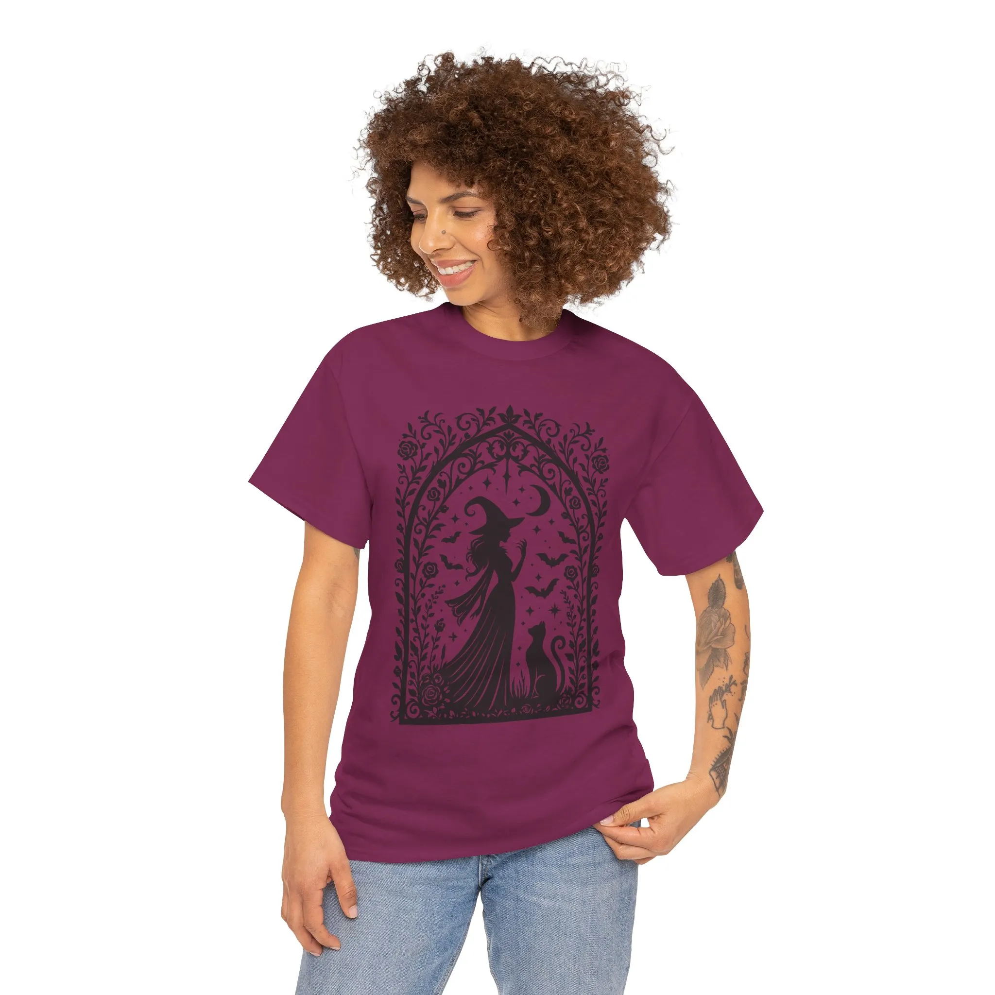 Gothic Witch & Cat Women's T-Shirt, Elegant Halloween Moon Silhouette Witchy Graphic Tee - Image 23