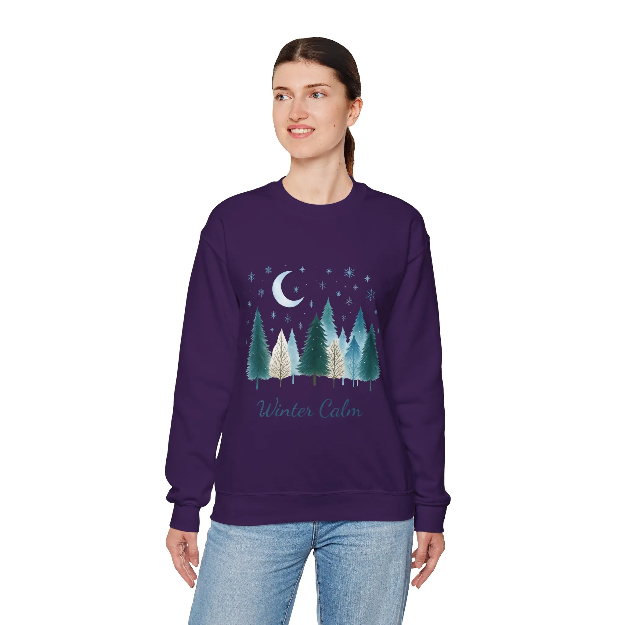 Winter Calm Sweatshirt, Minimalist Christmas Forest Pullover, Serene Winter Moon Scene Sweater for Women - Image 3