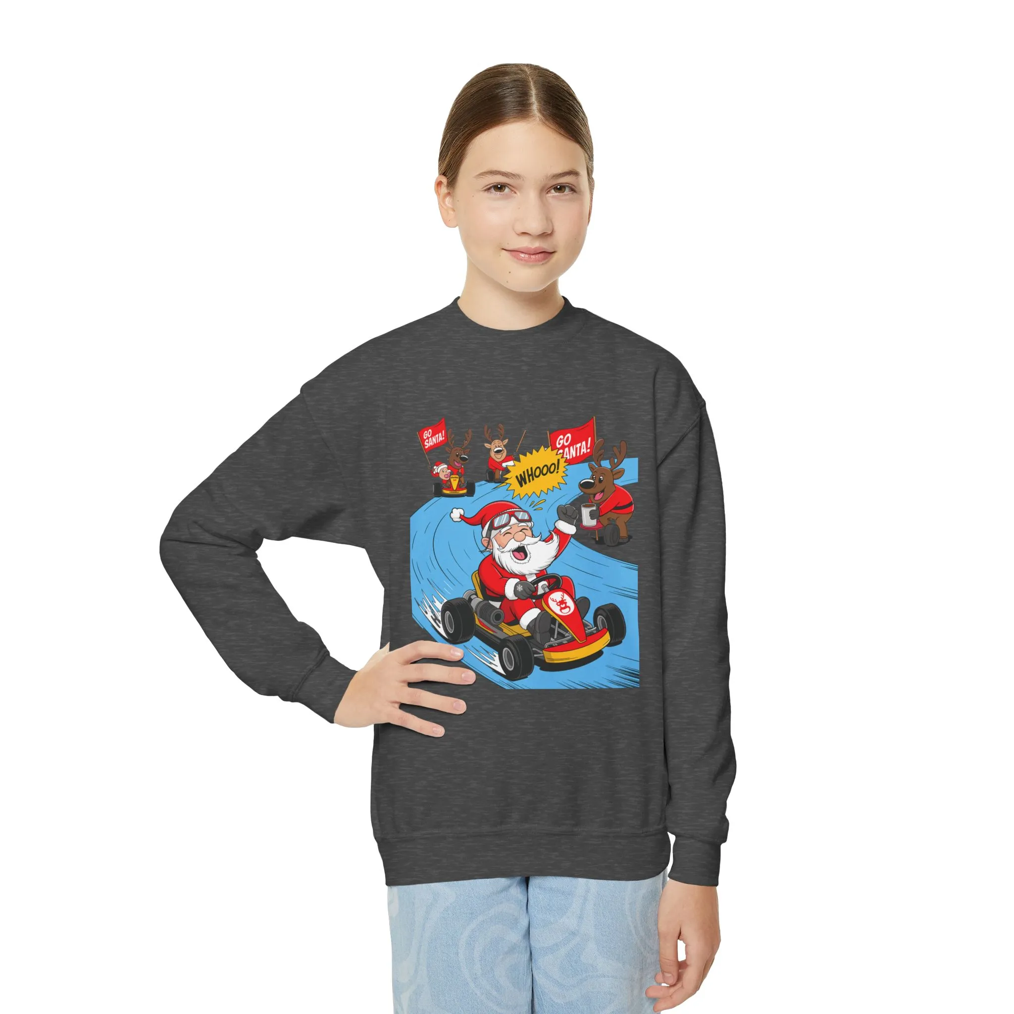 Go Santa Kart Racing Christmas Sweatshirt, Funny Santa - Reindeer Holiday Sweatshirt for Kids, Cute Christmas Jumper, Youth Xmas Gift - Image 9
