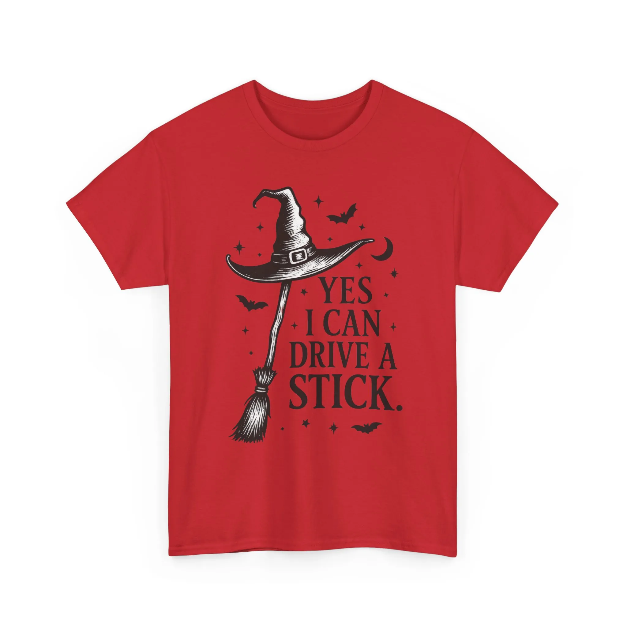 Yes I Can Drive a Stick Witch Hat Broom Halloween Women's T-Shirt, Funny Spooky Graphic Tee, Witch Shirt - Image 2