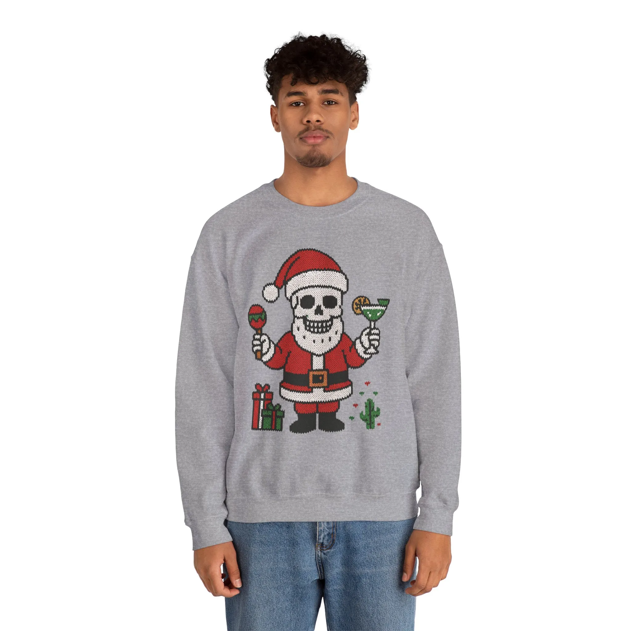 Funny Santa Skull Christmas Men's Sweatshirt, Holiday Margarita Pullover - Image 11