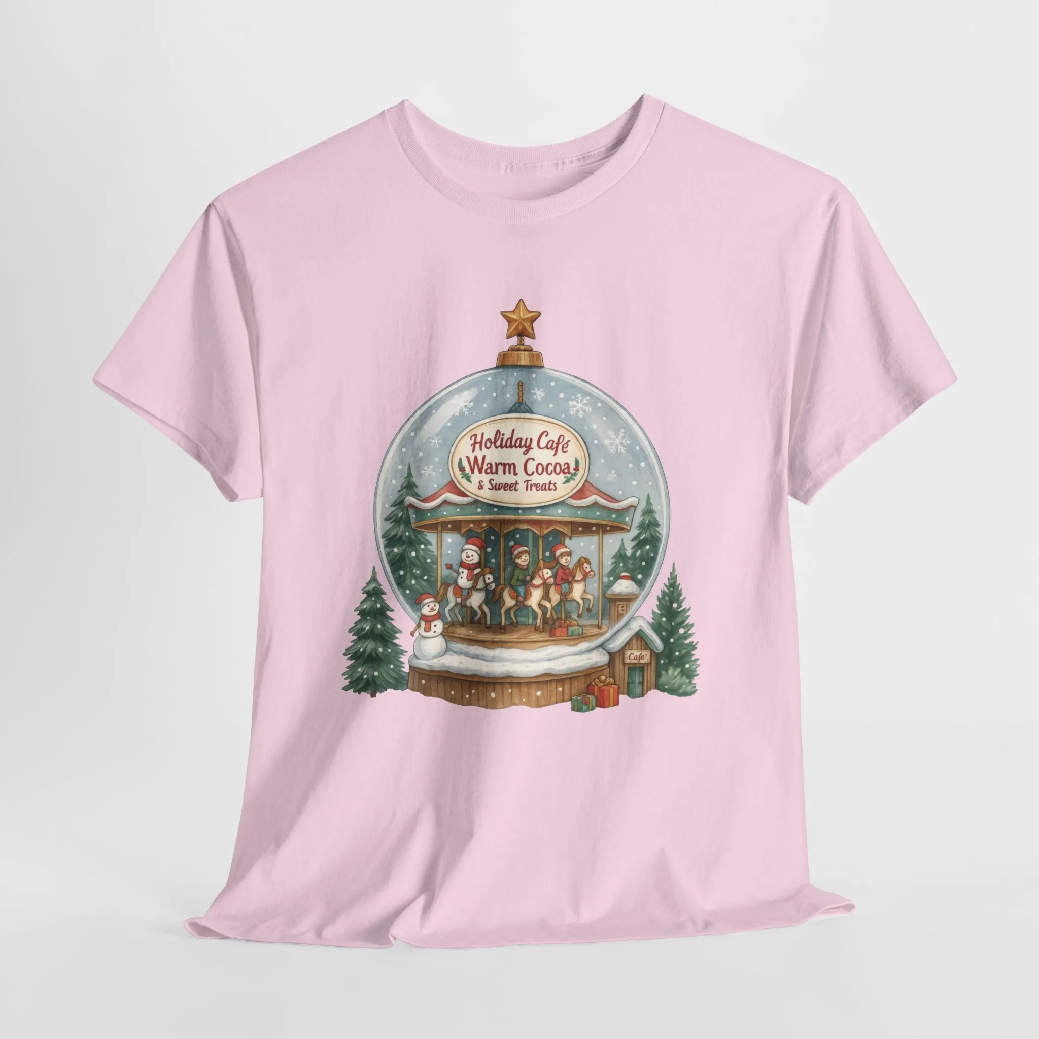 Holiday Café Christmas T-Shirt for Women, Warm Cocoa Carousel Tee