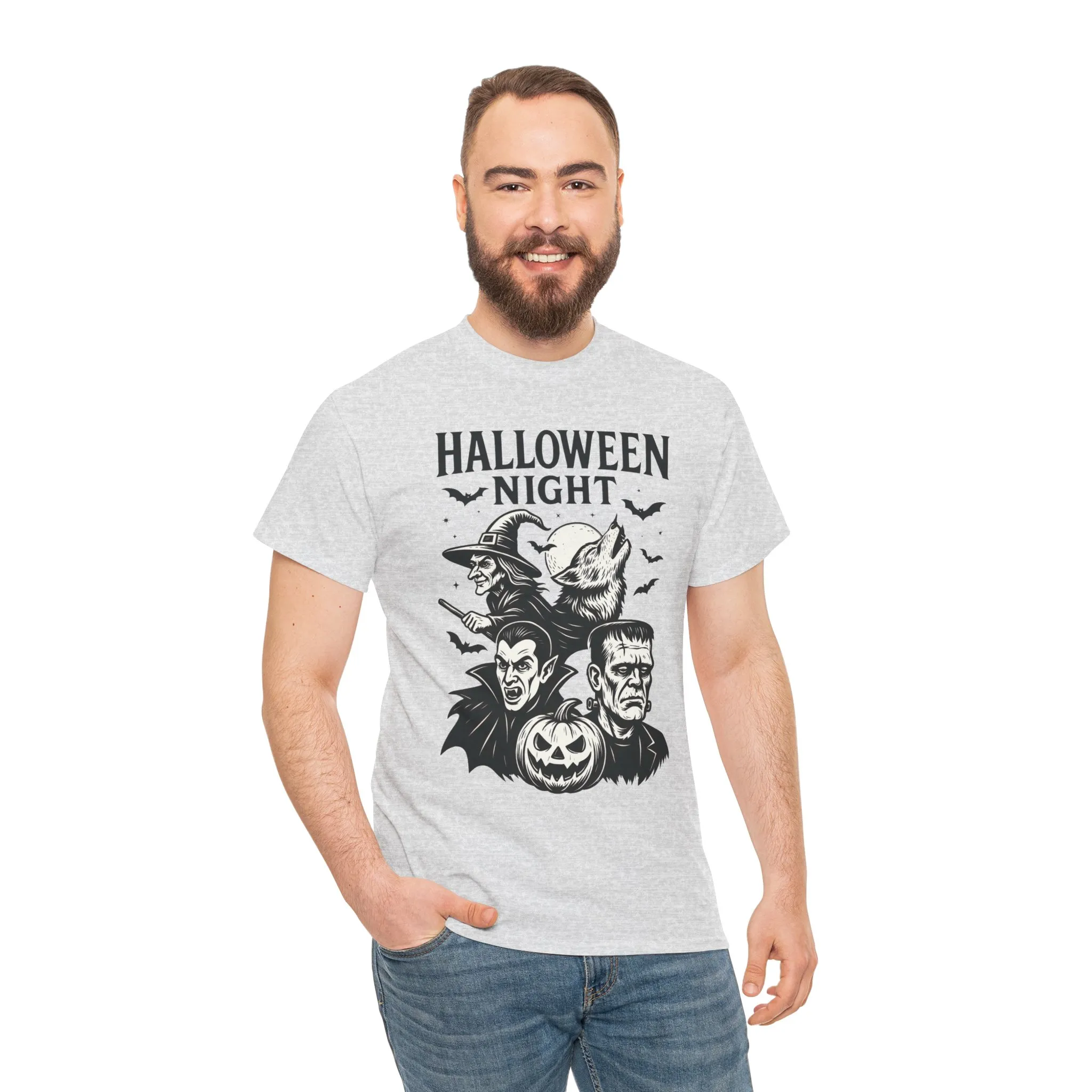 Halloween Night Men's T-Shirt, Classic Monsters Graphic Tee, Witch, Vampire, Frankenstein, Werewolf - Image 29
