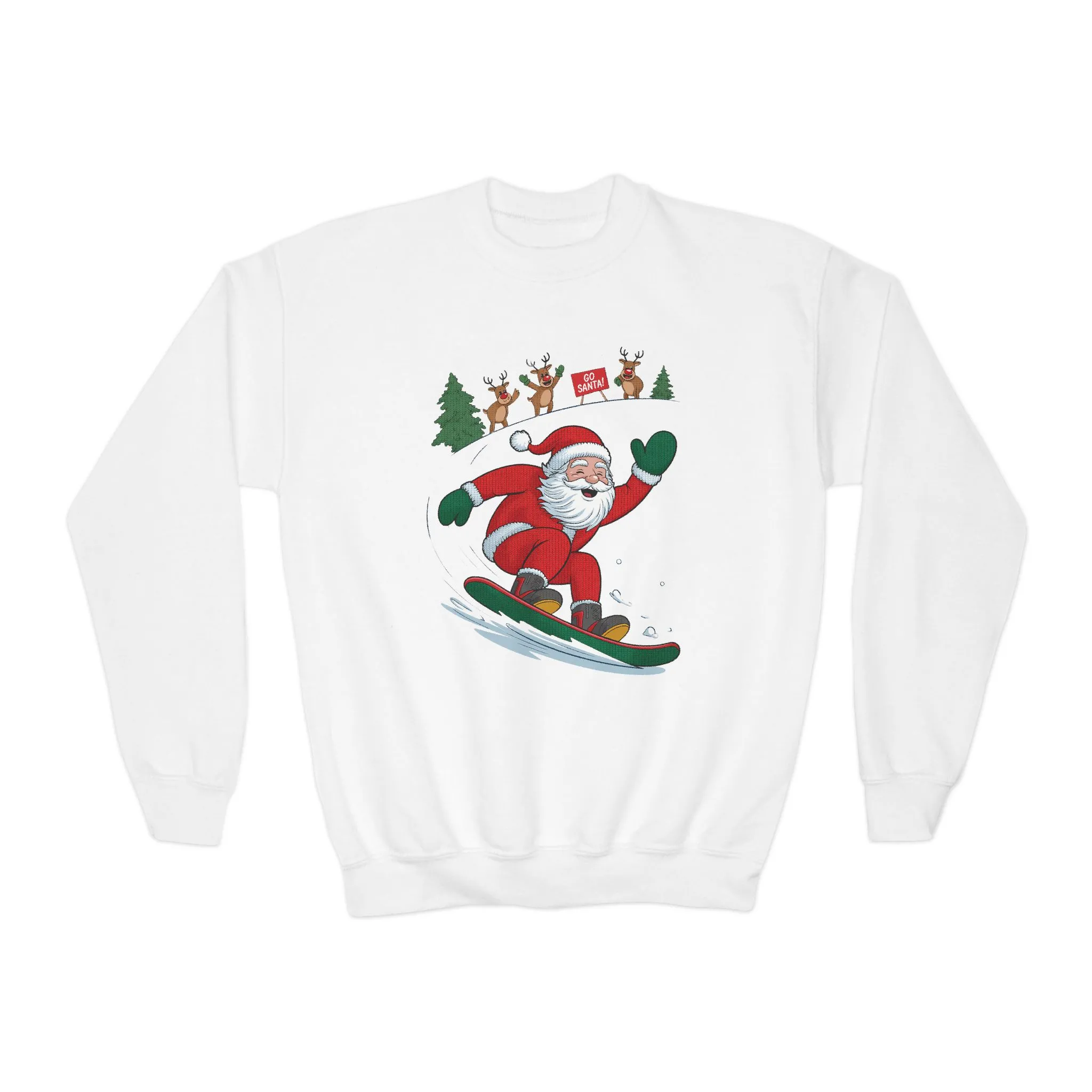 Go Santa Snowboarding Christmas Sweatshirt, Funny Santa - Reindeer Holiday Jumper for Kids, Cute Winter Sports Christmas Youth Sweatshirt