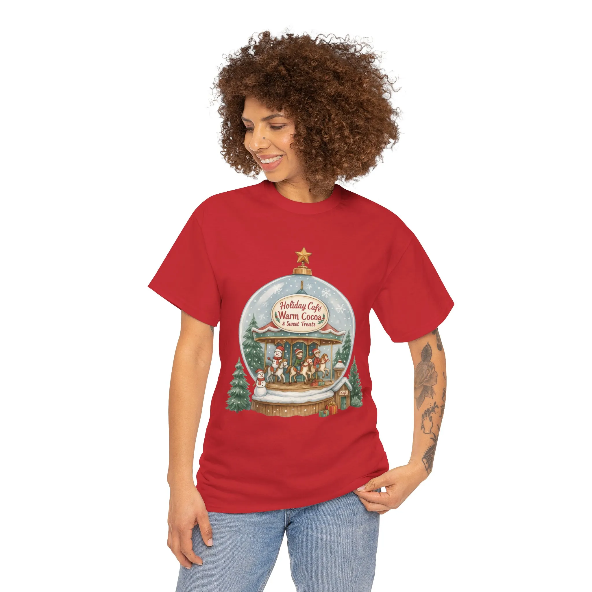 Holiday Café Christmas T-Shirt for Women, Warm Cocoa Carousel Tee - Image 26