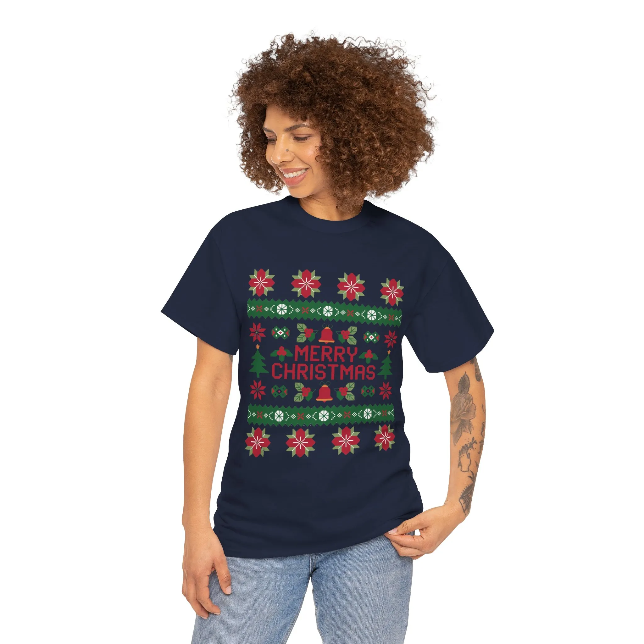 Merry Christmas Women's T-Shirt, Festive Ugly Sweater Style Tee, Classic Holiday Knit Pattern Shirt - Image 23