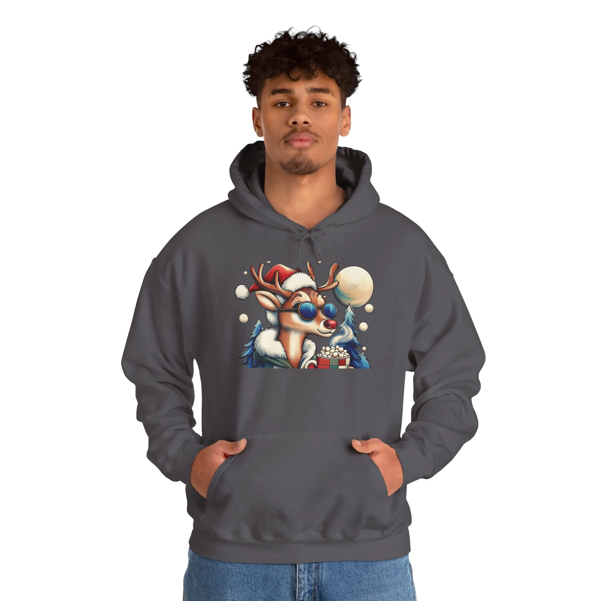 Cool Reindeer Christmas Hoodie, Funny Holiday Hot Cocoa Pullover for Men - Image 23