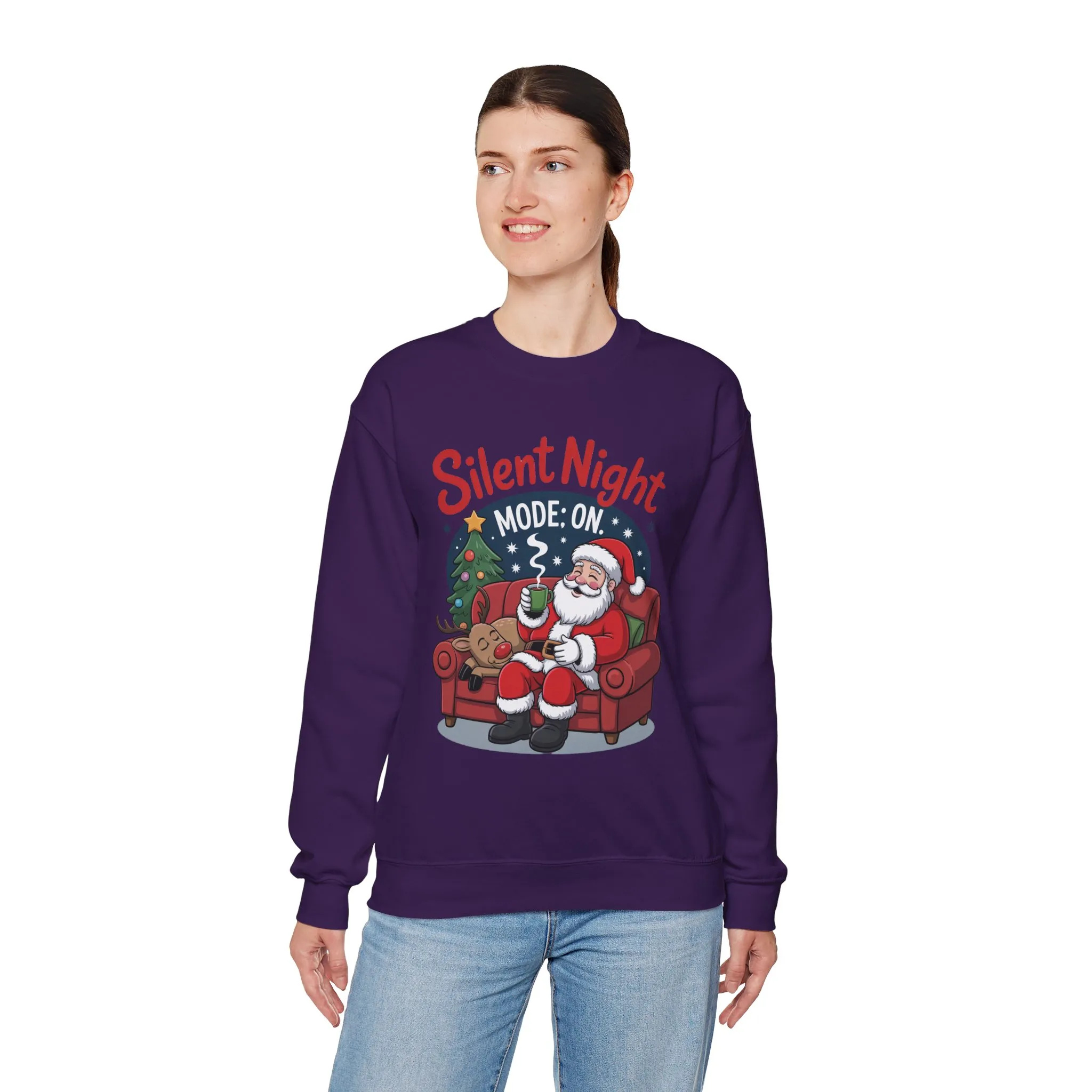 Silent Night Mode On Christmas Sweatshirt, Funny Relaxed Santa - Reindeer Sweater, Cozy Holiday Jumper for Women - Image 27