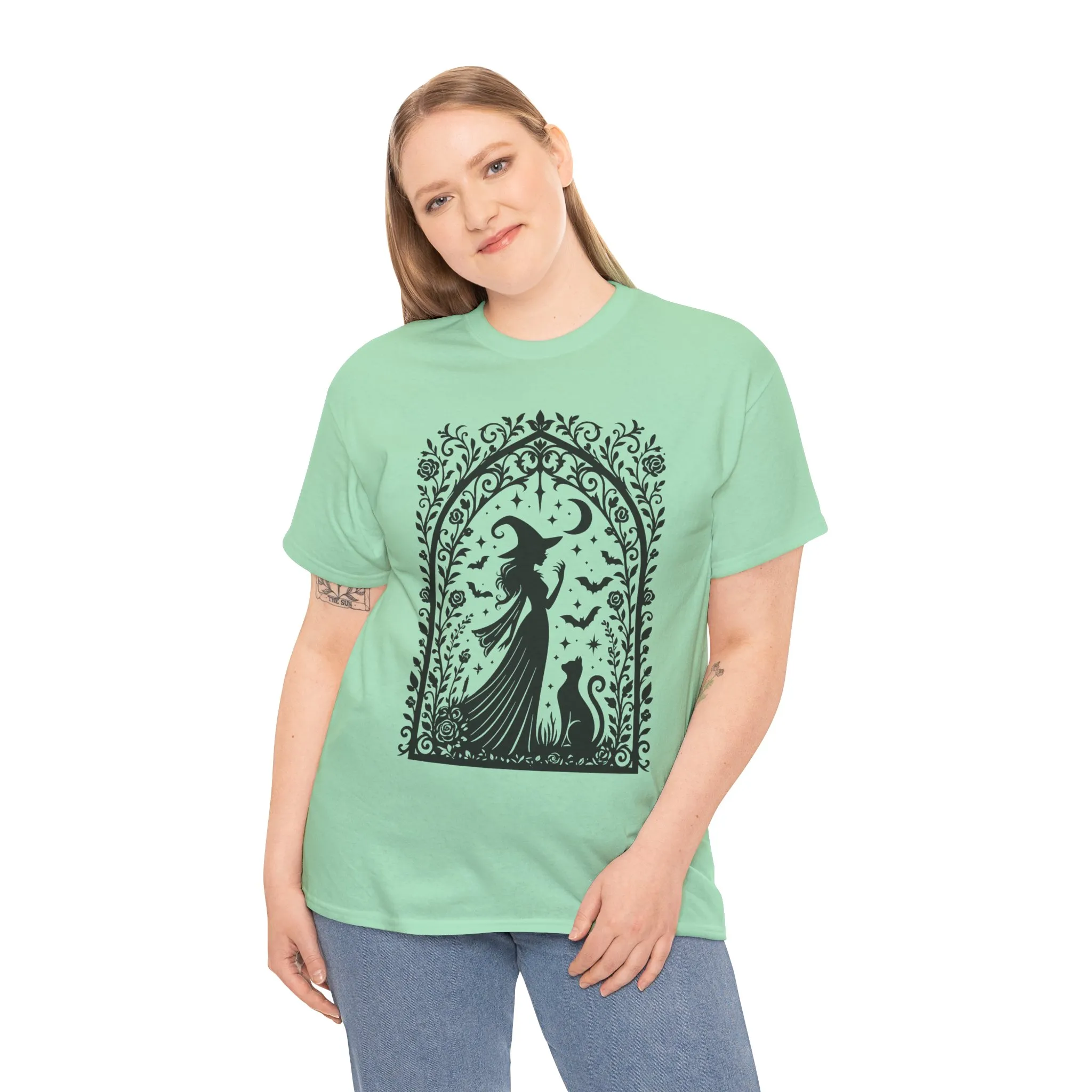 Gothic Witch & Cat Women's T-Shirt, Elegant Halloween Moon Silhouette Witchy Graphic Tee - Image 33
