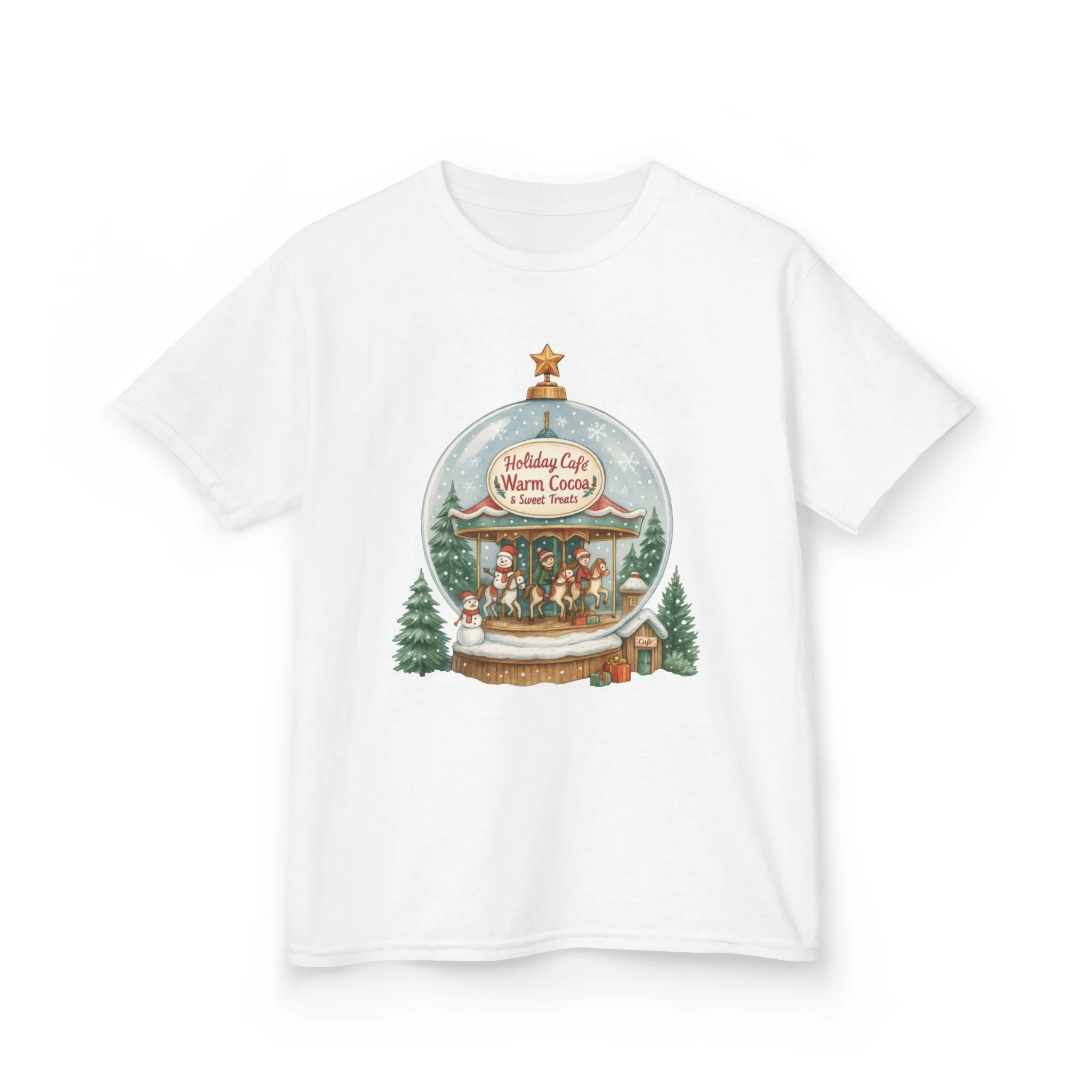 Youth Holiday Café Christmas T-Shirt, Warm Cocoa Carousel Kids Tee - Image 3