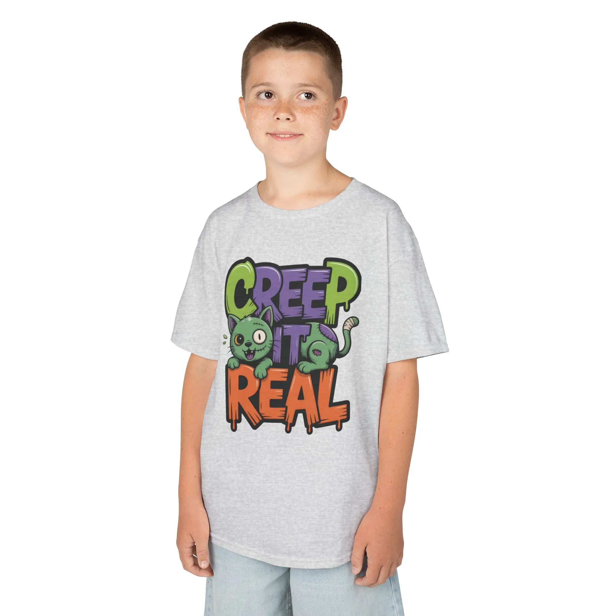 Creep It Real Kids Halloween Shirt, Cute Zombie Cat Graffiti Style T-Shirt for Boys & Girls - Image 6