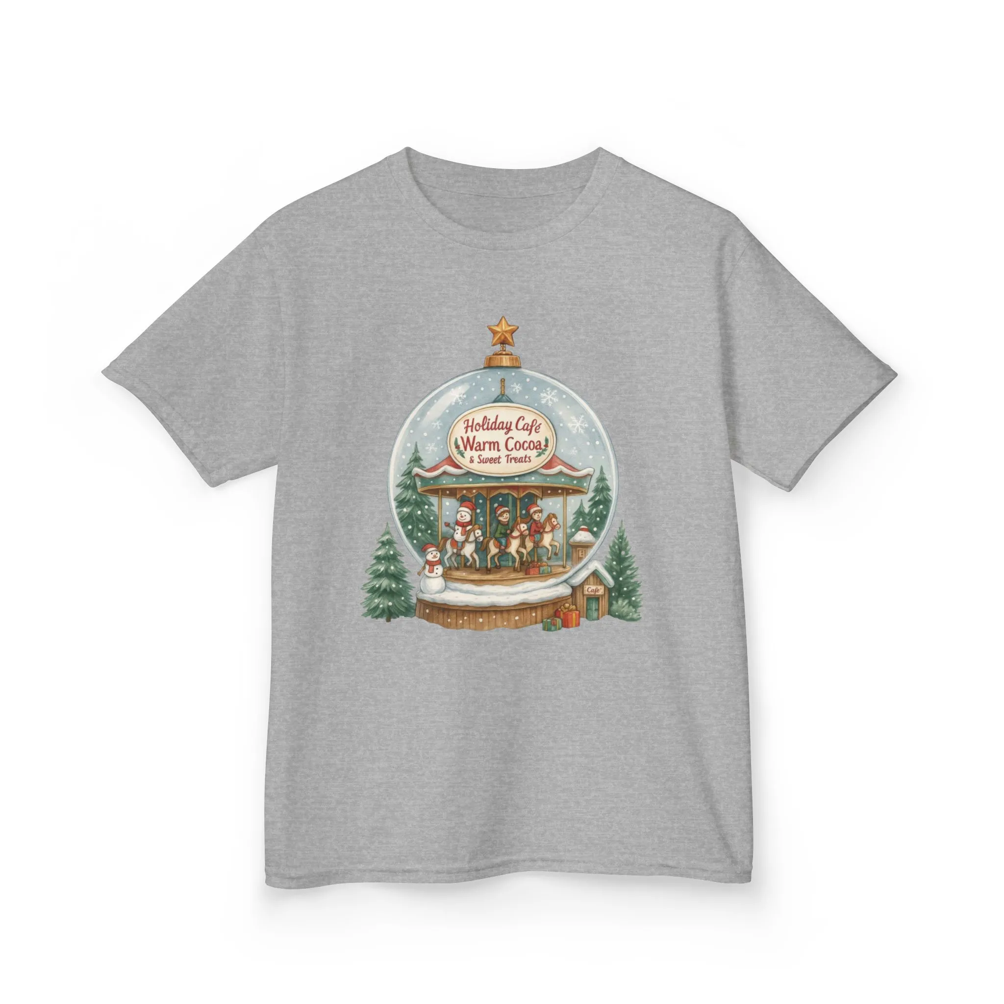 Youth Holiday Café Christmas T-Shirt, Warm Cocoa Carousel Kids Tee - Image 7
