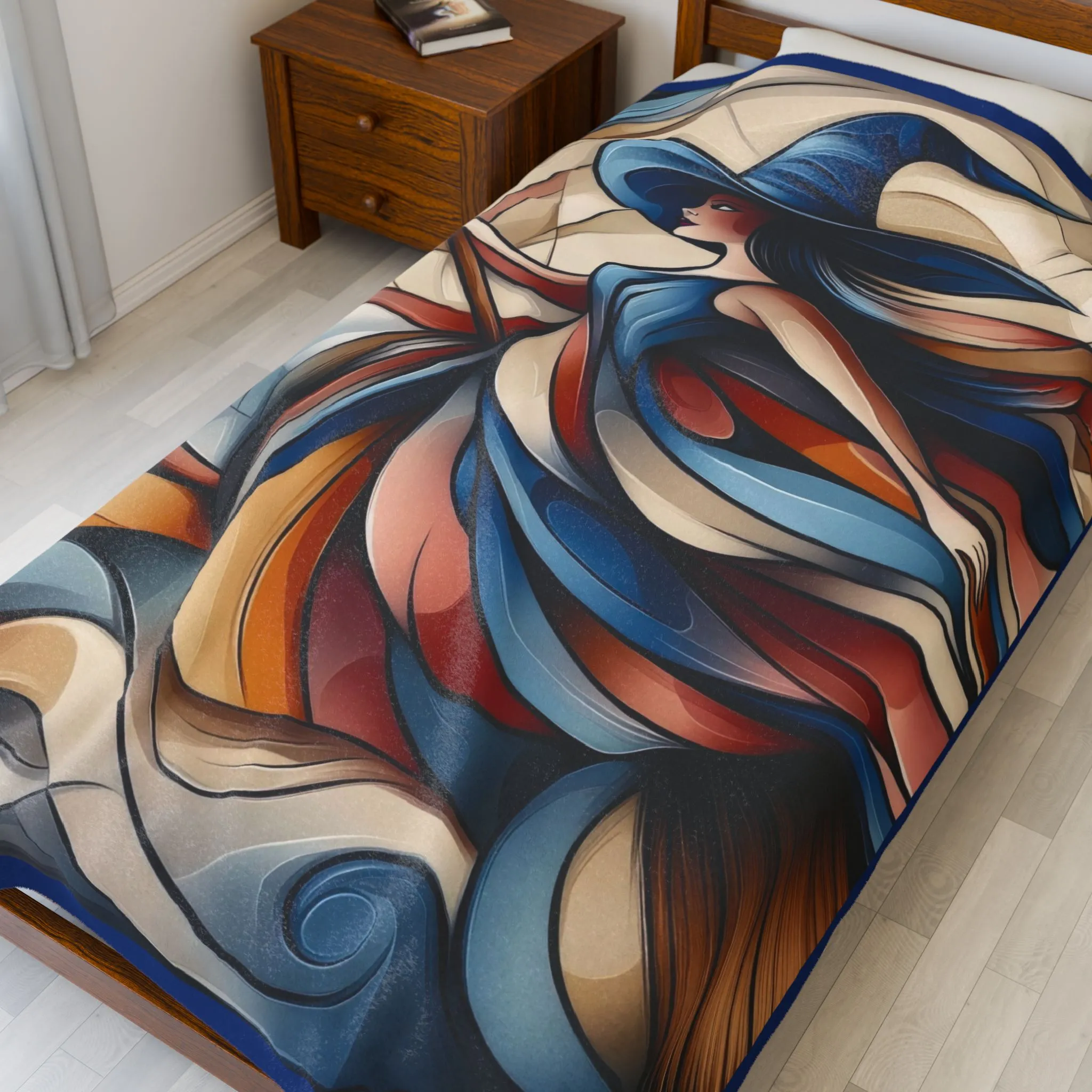 Abstract Witch Flying on Broom Velveteen Plush Blanket, Modern Art Deco Witch Blanket, Halloween Home Decor, Cozy Boho Gothic Throw Gift - Image 2