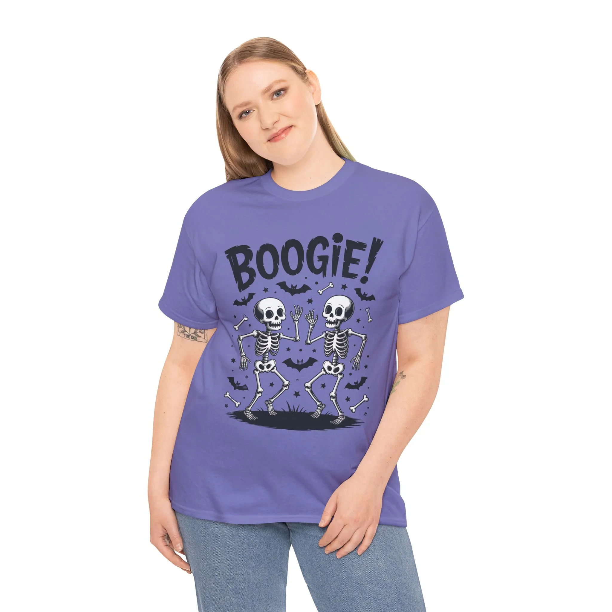 Halloween Dancing Skeletons Women's T-Shirt, BOOGIE! Funny Spooky Graphic Tee for Women, Women's Heavy Cotton Tee - Image 18