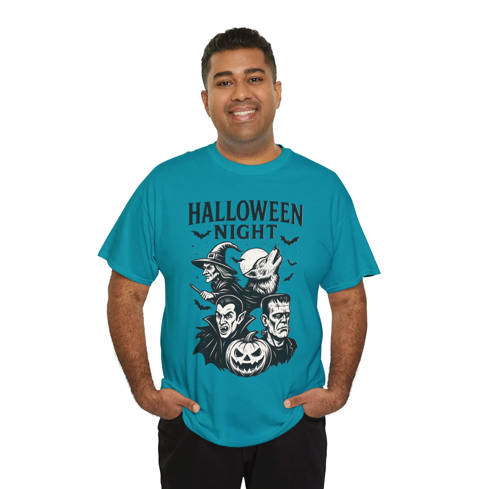 Halloween Night Men's T-Shirt, Classic Monsters Graphic Tee, Witch, Vampire, Frankenstein, Werewolf - Image 3