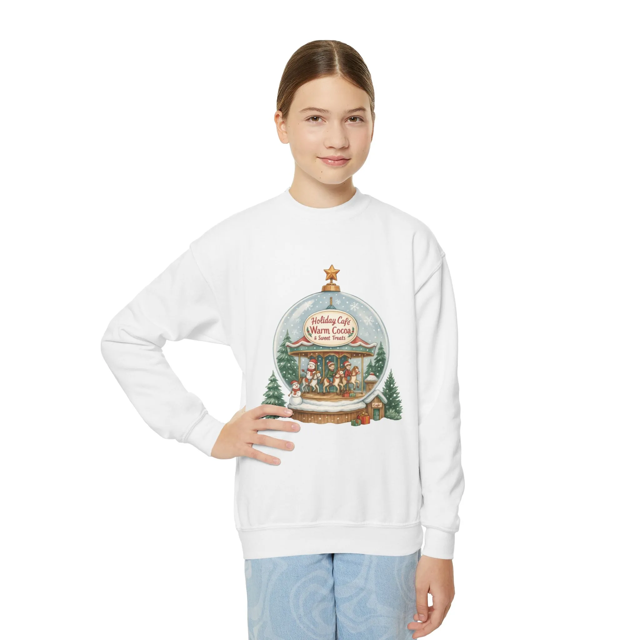 Youth Holiday Café Christmas Sweatshirt, Warm Cocoa Snow Globe Jumper - Image 4