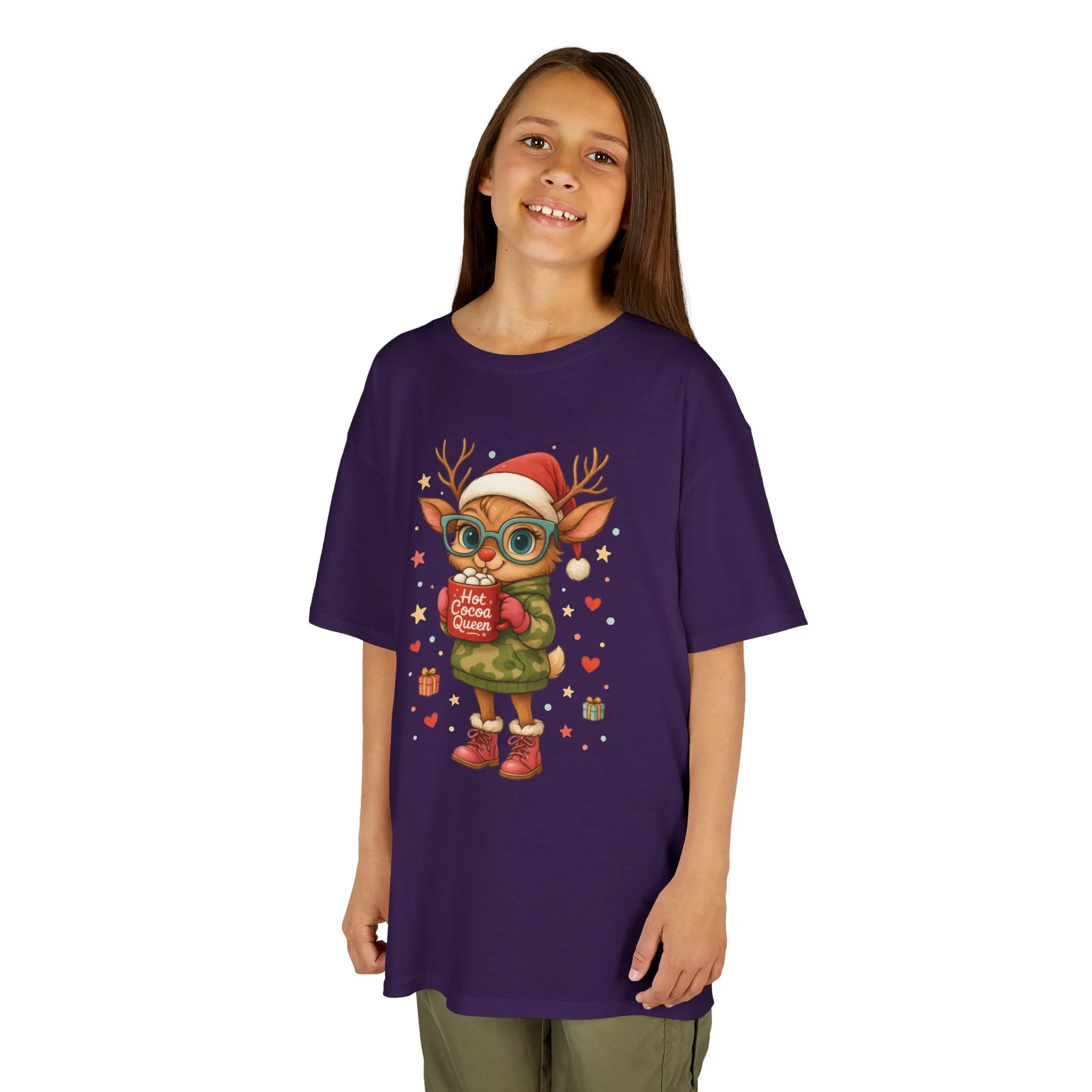 Hot Cocoa Queen Christmas T-Shirt for Girls, Cute Holiday Reindeer Tee - Image 16