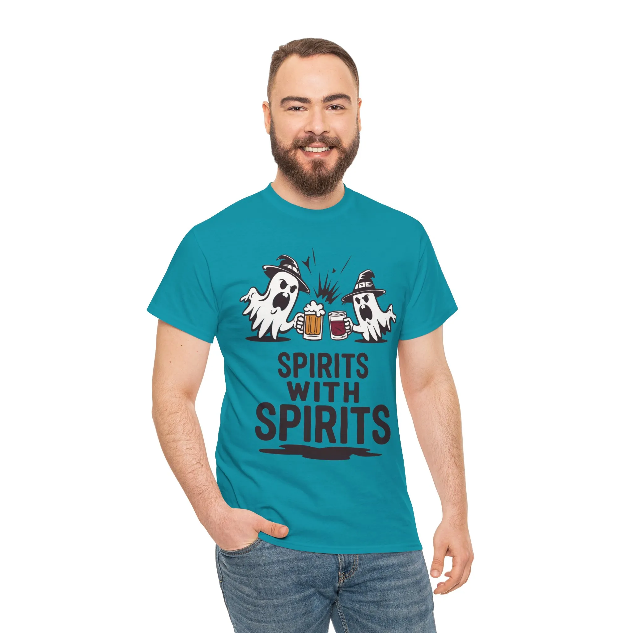 Spirits With Spirits Men's T-Shirt, Funny Ghost Drinking Halloween Party Graphic Tee - Image 17
