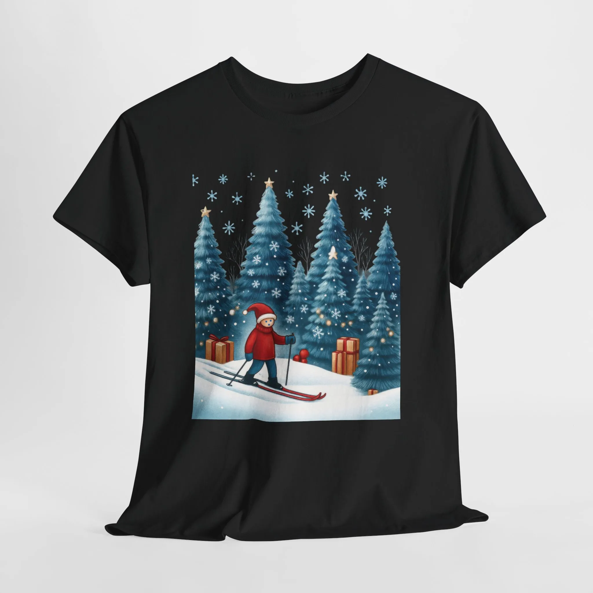 Womens Cute Winter Holiday Graphic Tee, Christmas Skiing T-Shirt, Women's Heavy Cotton Tee - Image 4