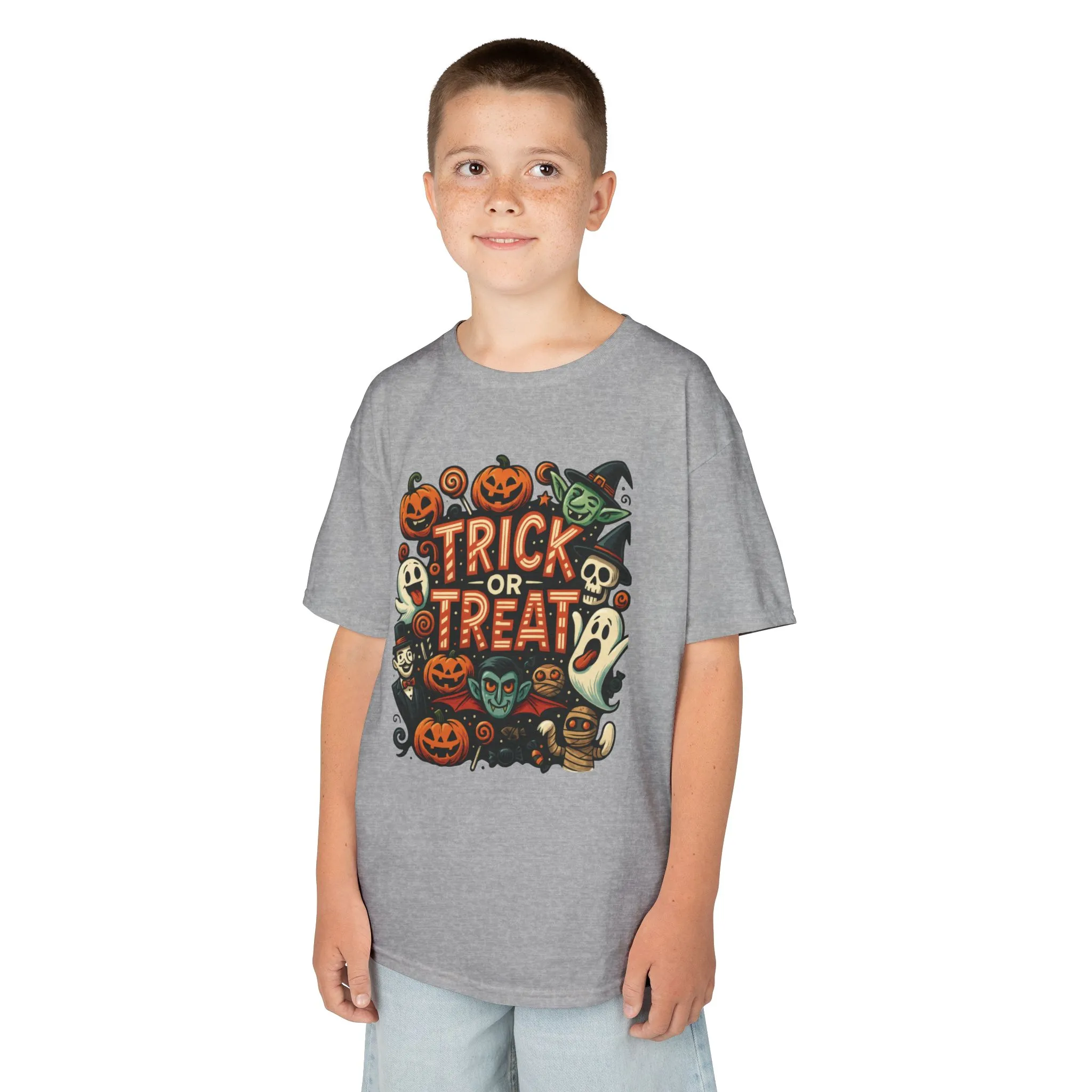 Kids Trick or Treat T-Shirt, Halloween Graphic Tee with Pumpkins, Ghosts & Vampires, Fun Spooky Shirt for Children - Image 9