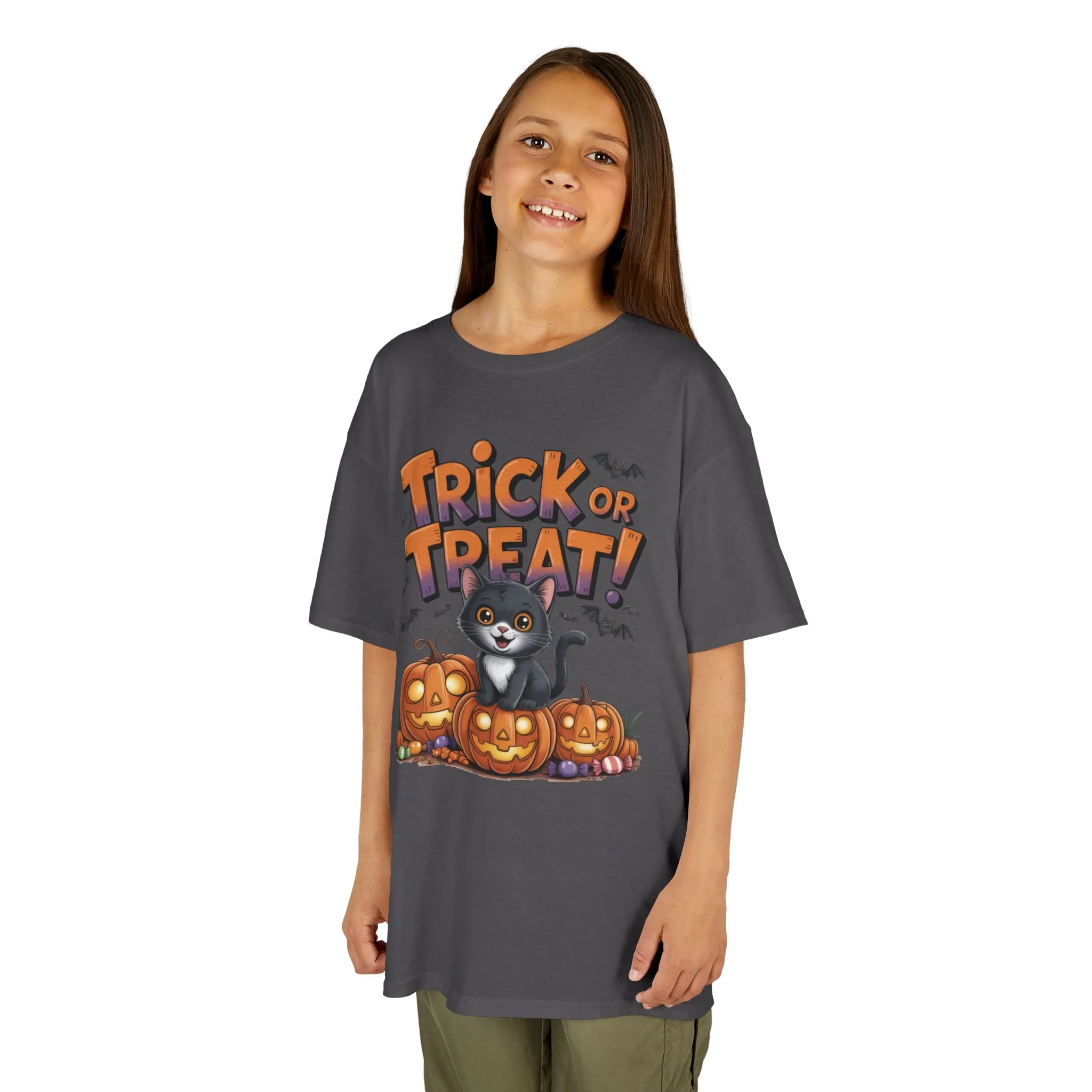 Girls Cute Black Cat Trick or Treat Halloween T-Shirt, Funny Pumpkin Cat Tee, Spooky Fall Shirt for Kids, Matching Family Halloween Shirts - Image 11