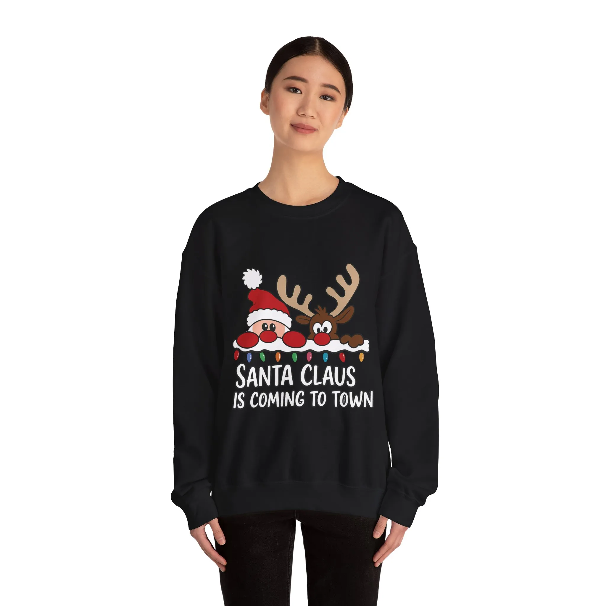 Santa Claus Is Coming to Town Women's Christmas Sweatshirt, Cute Santa - Reindeer Holiday Jumper - Image 5