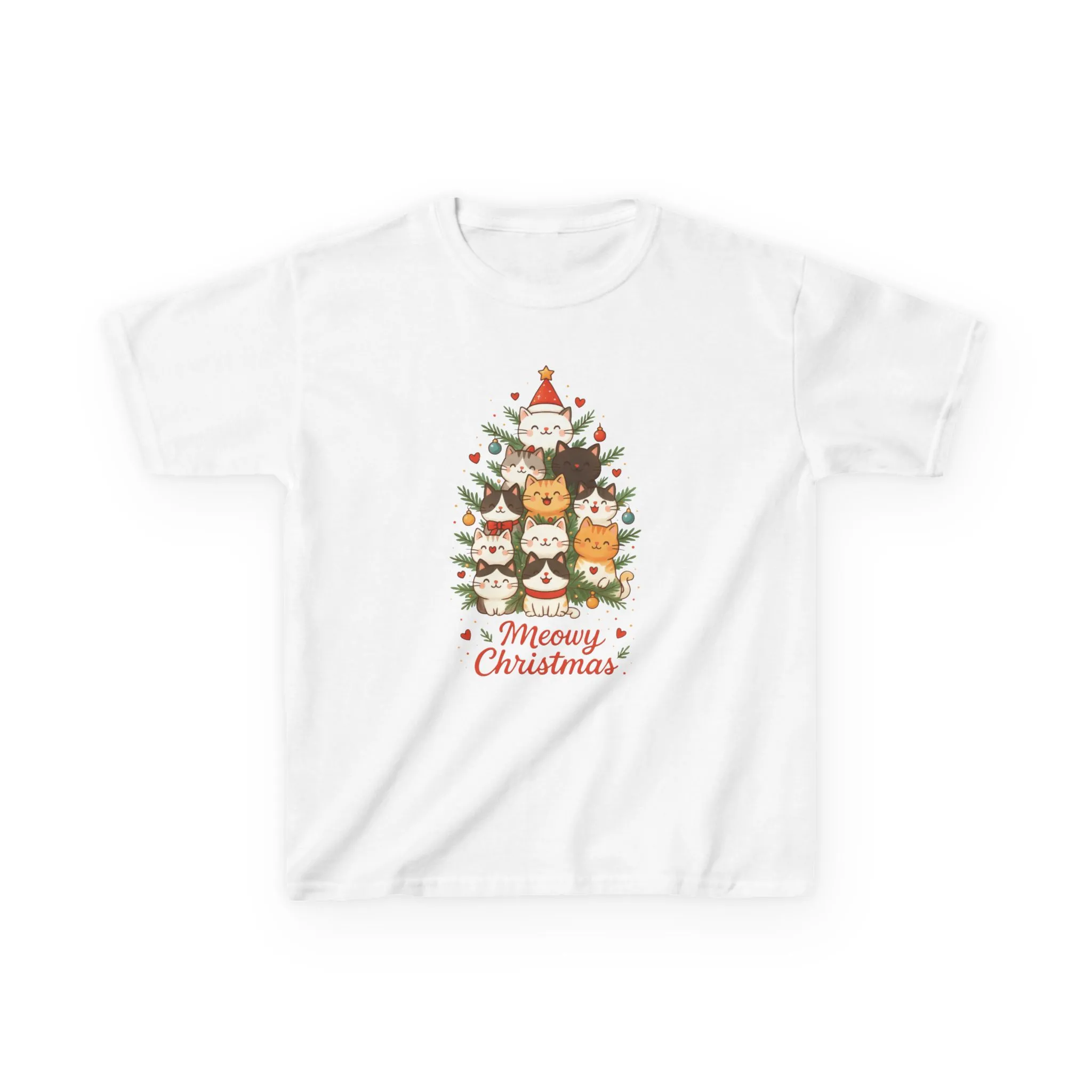 Youth Meowy Christmas Cat T-Shirt, Cute Kids Holiday Kitty Tee - Image 3