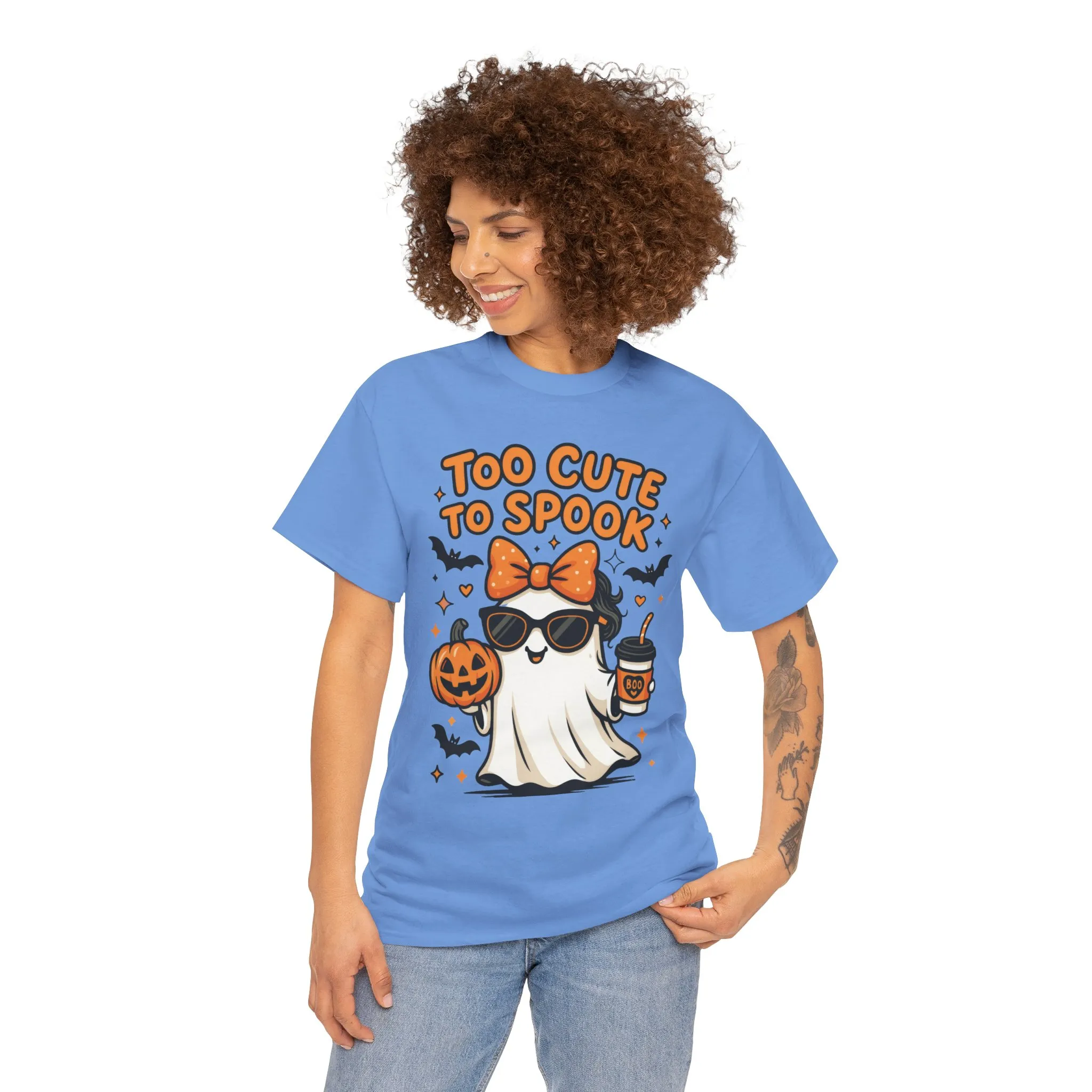 Too Cute To Spook Women's T-Shirt, Cute Ghost Pumpkin Coffee Halloween Graphic Tee - Image 3