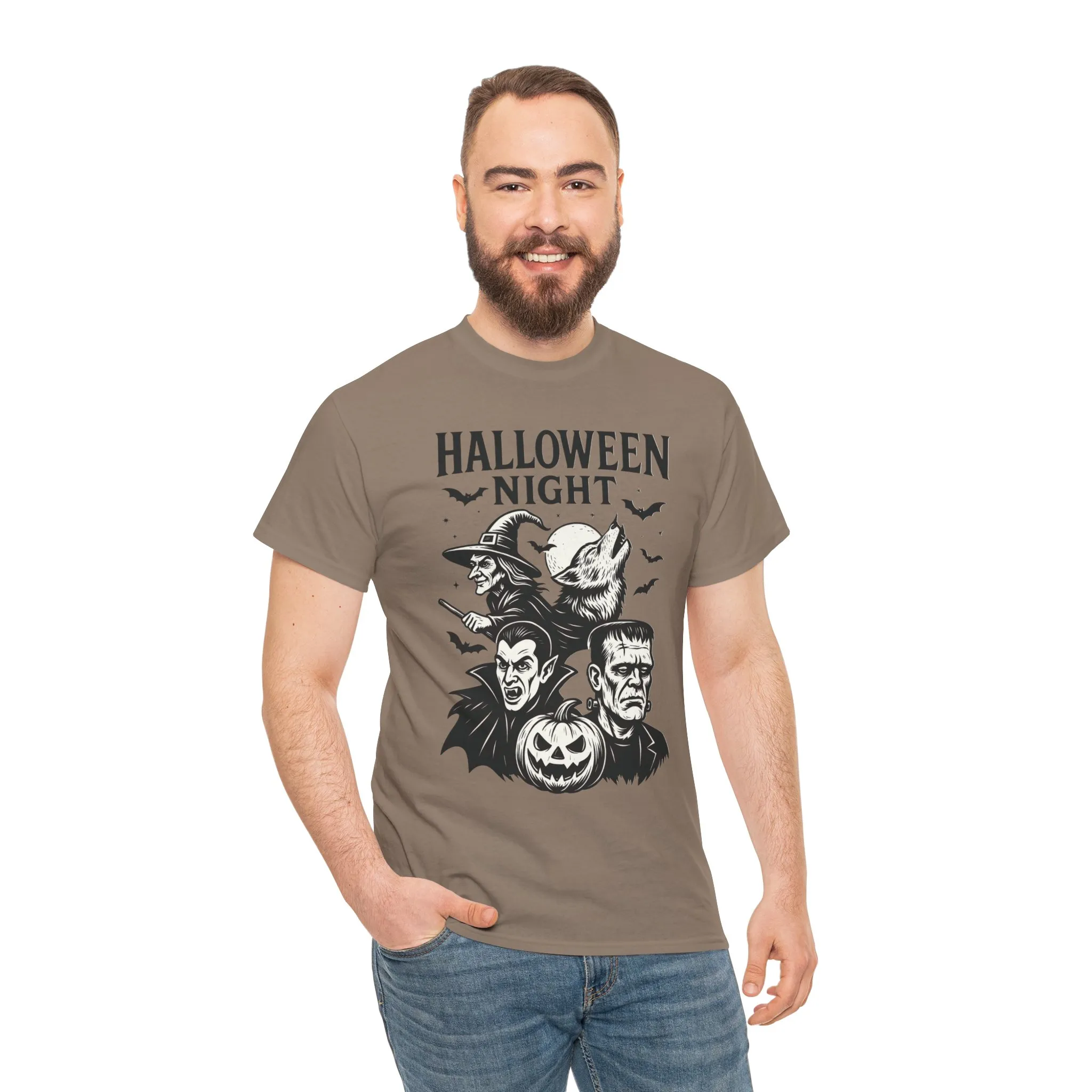 Halloween Night Men's T-Shirt, Classic Monsters Graphic Tee, Witch, Vampire, Frankenstein, Werewolf - Image 11