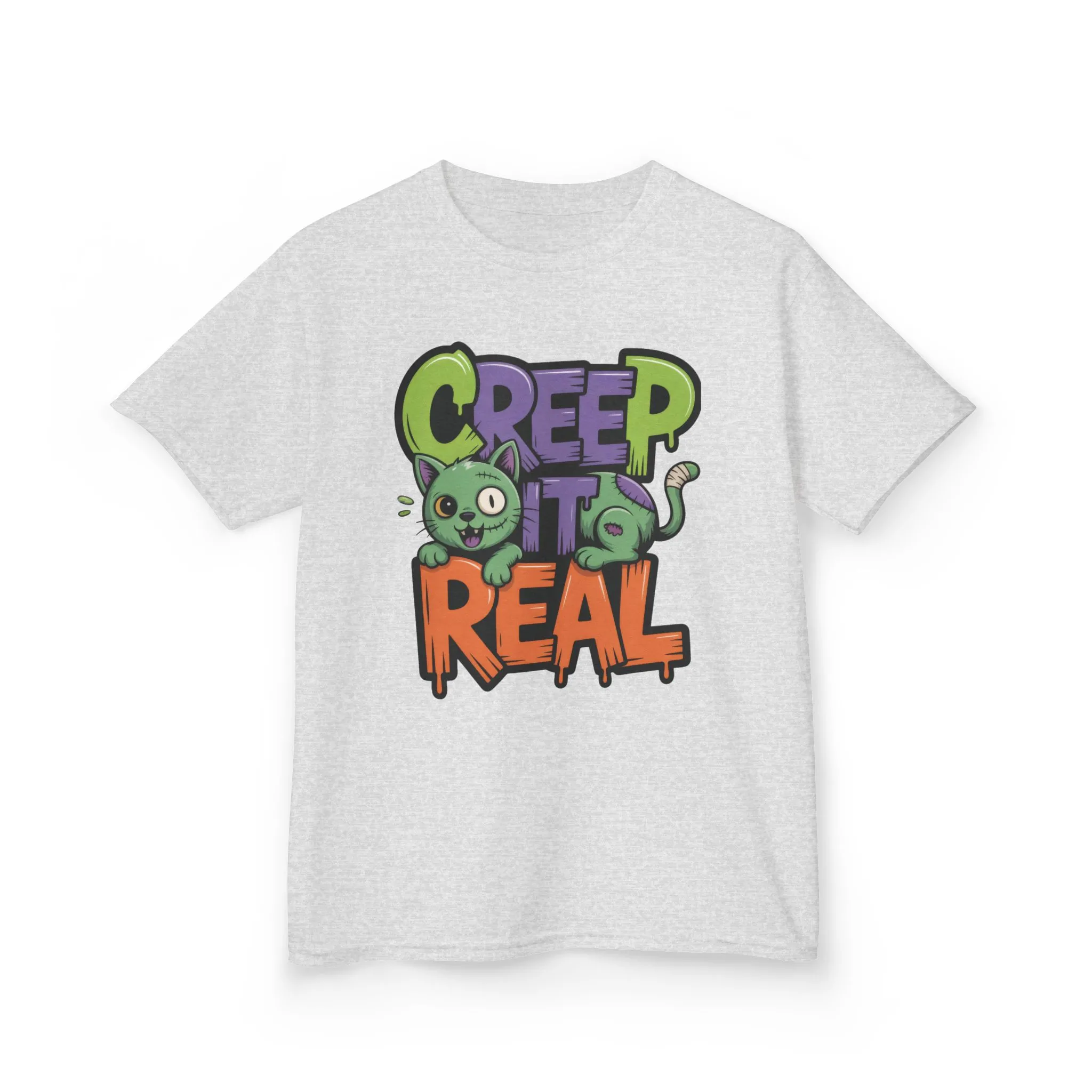 Creep It Real Kids Halloween Shirt, Cute Zombie Cat Graffiti Style T-Shirt for Boys & Girls - Image 4