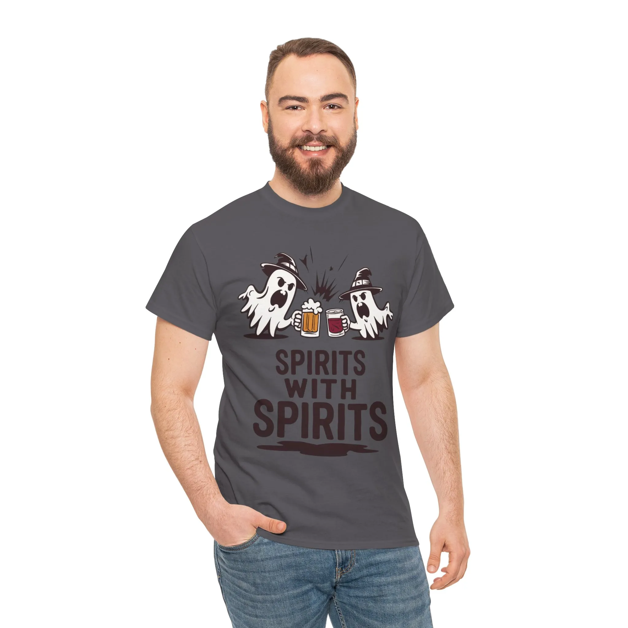 Spirits With Spirits Men's T-Shirt, Funny Ghost Drinking Halloween Party Graphic Tee - Image 23
