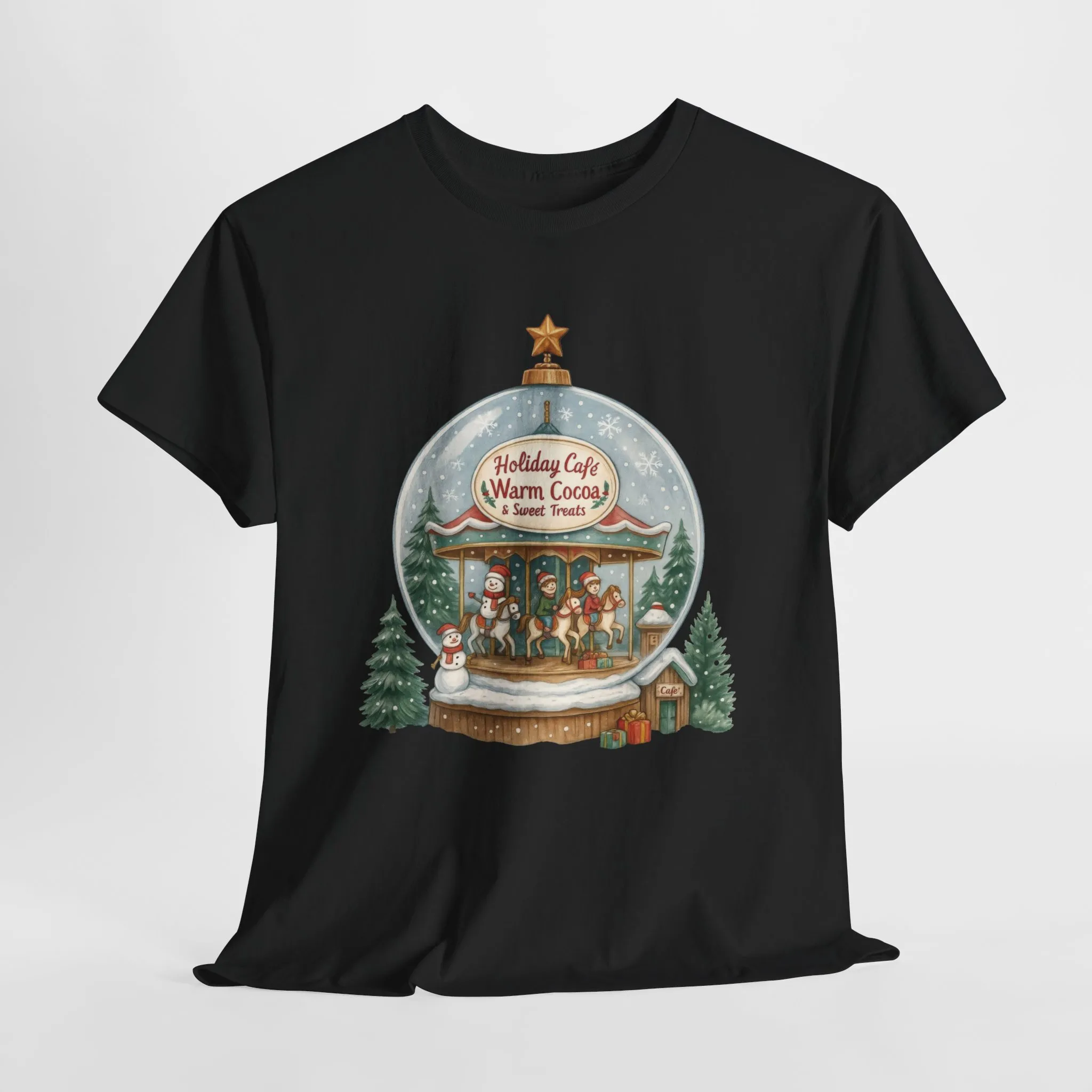 Holiday Café Christmas T-Shirt for Women, Warm Cocoa Carousel Tee - Image 4