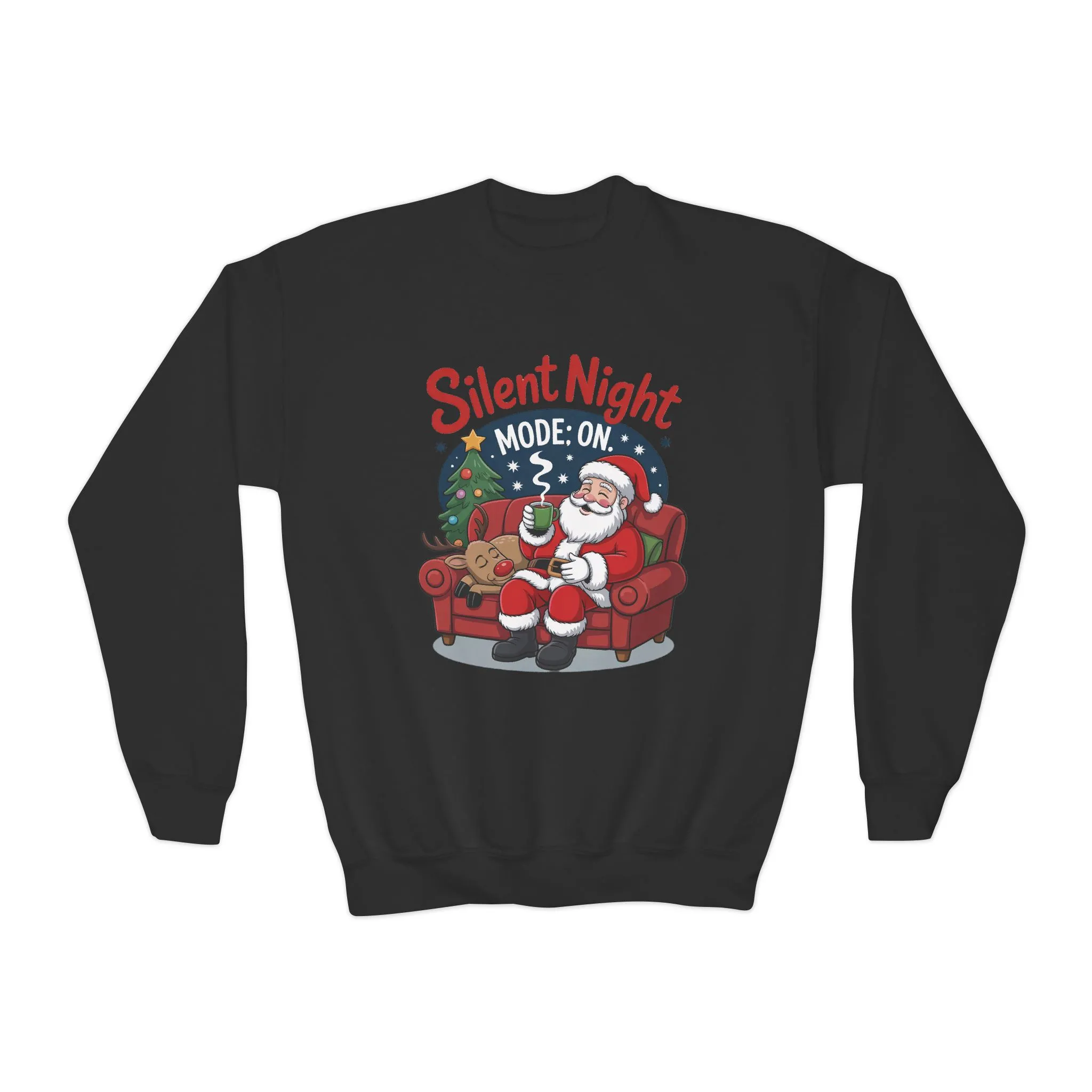 Kids Silent Night Mode On Christmas Sweatshirt, Cute Santa - Reindeer Holiday Jumper, Funny Cozy Christmas Sweater for Youth - Image 7