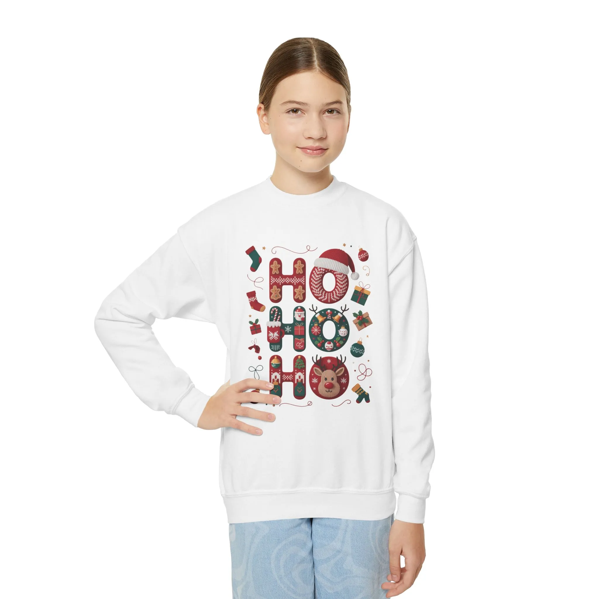 Ho Ho Ho Kids Christmas Sweatshirt, Cute Girls Holiday Outfit, Reindeer, Gingerbread - Santa Hat Design, Cozy Winter Youth Crewneck - Image 4