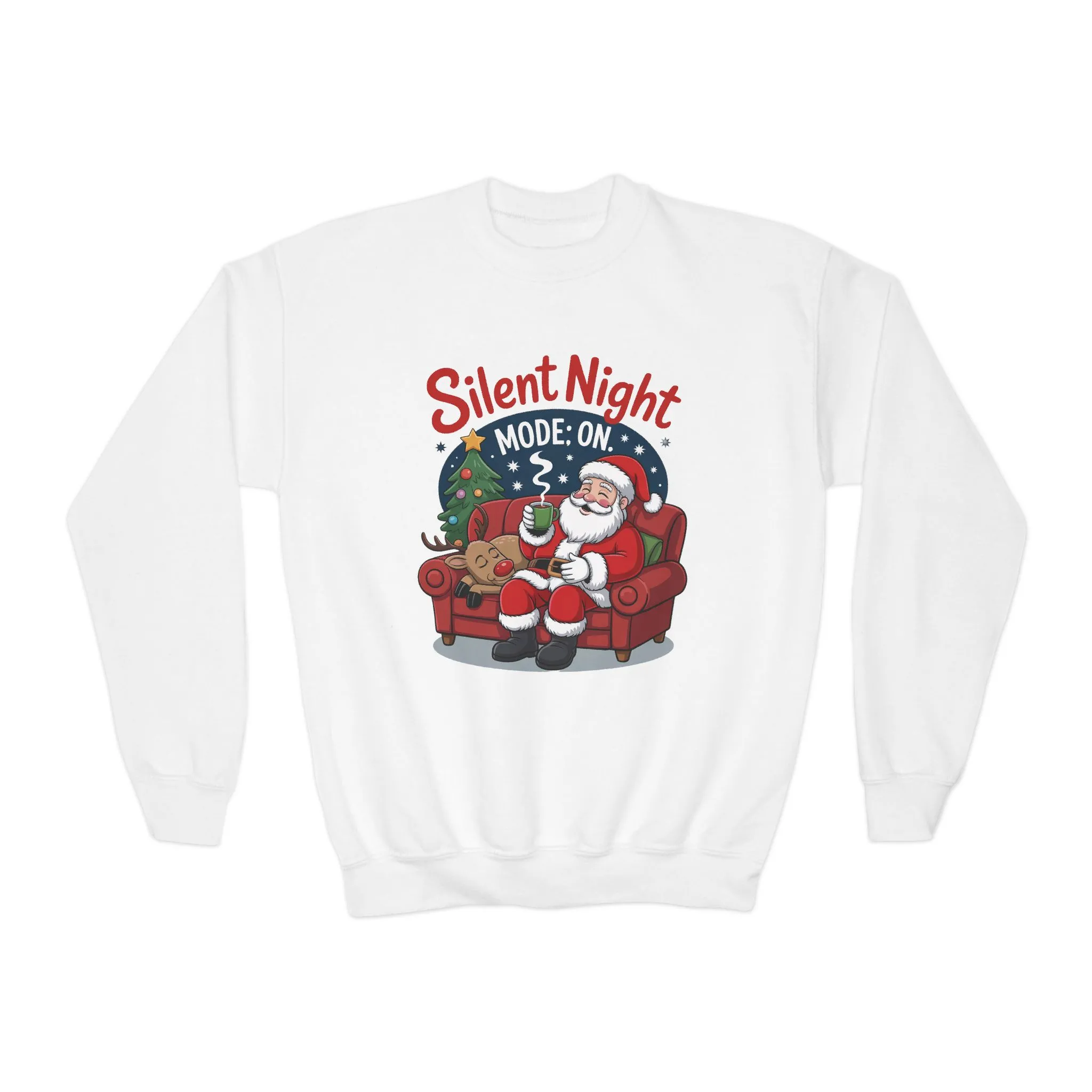 Kids Silent Night Mode On Christmas Sweatshirt, Cute Santa - Reindeer Holiday Jumper, Funny Cozy Christmas Sweater for Youth - Image 4