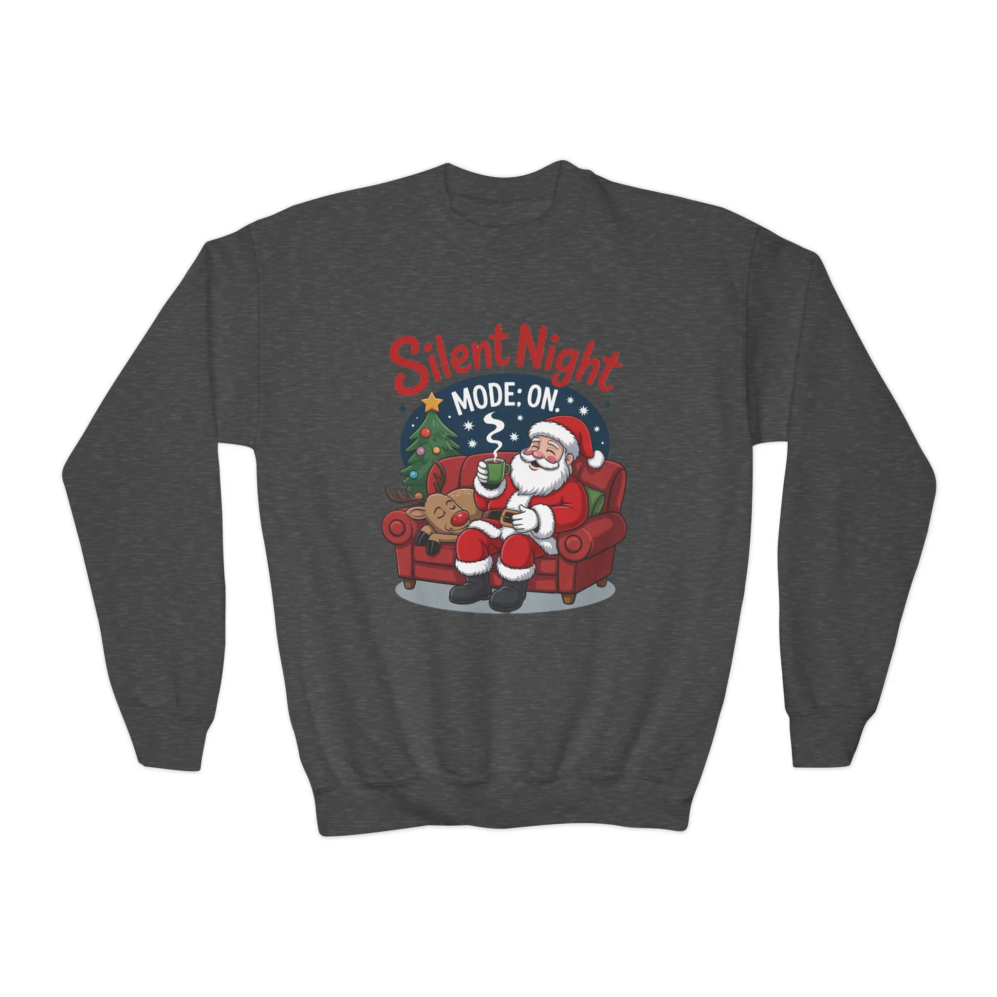 Kids Silent Night Mode On Christmas Sweatshirt, Cute Santa - Reindeer Holiday Jumper, Funny Cozy Christmas Sweater for Youth - Image 16