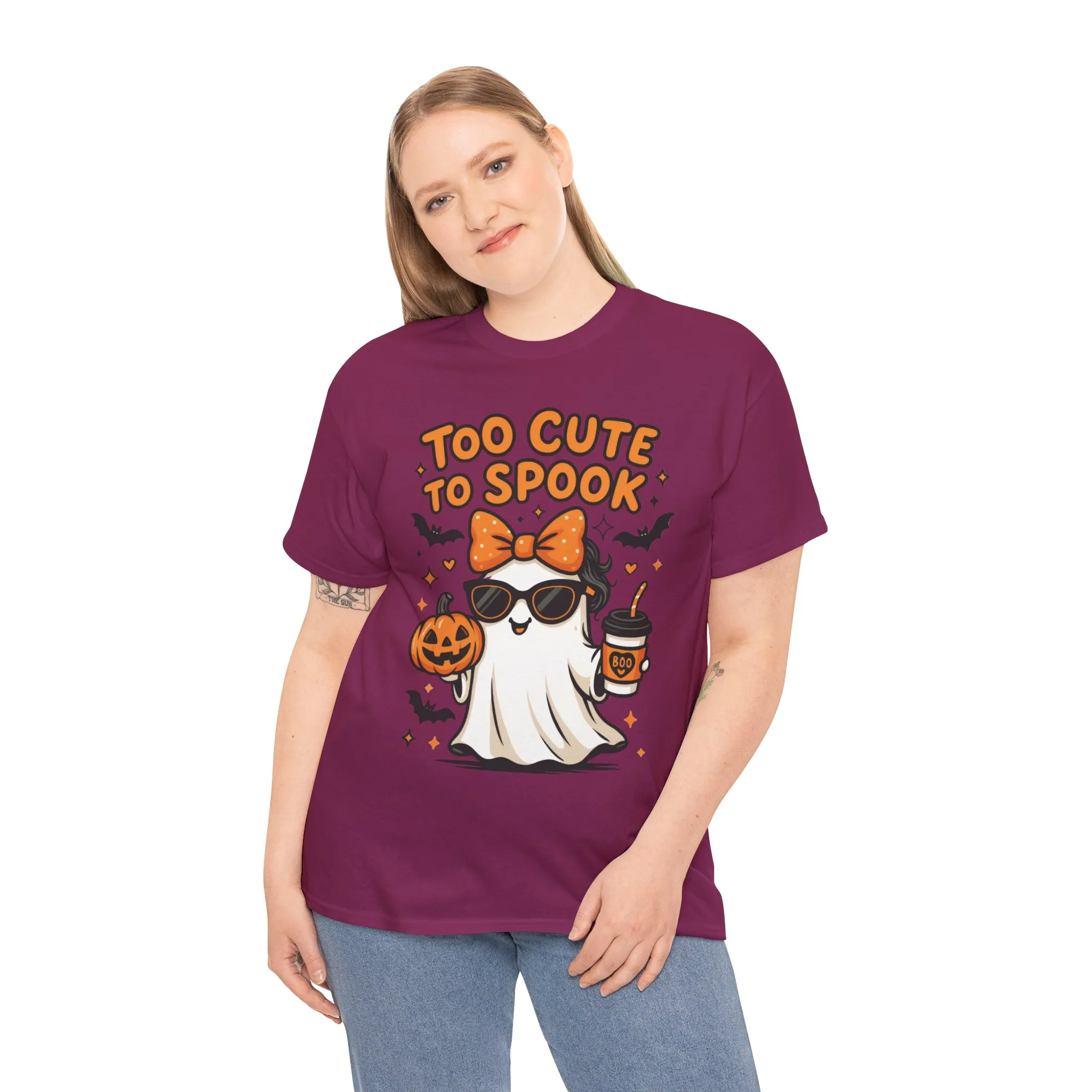 Too Cute To Spook Women's T-Shirt, Cute Ghost Pumpkin Coffee Halloween Graphic Tee - Image 27