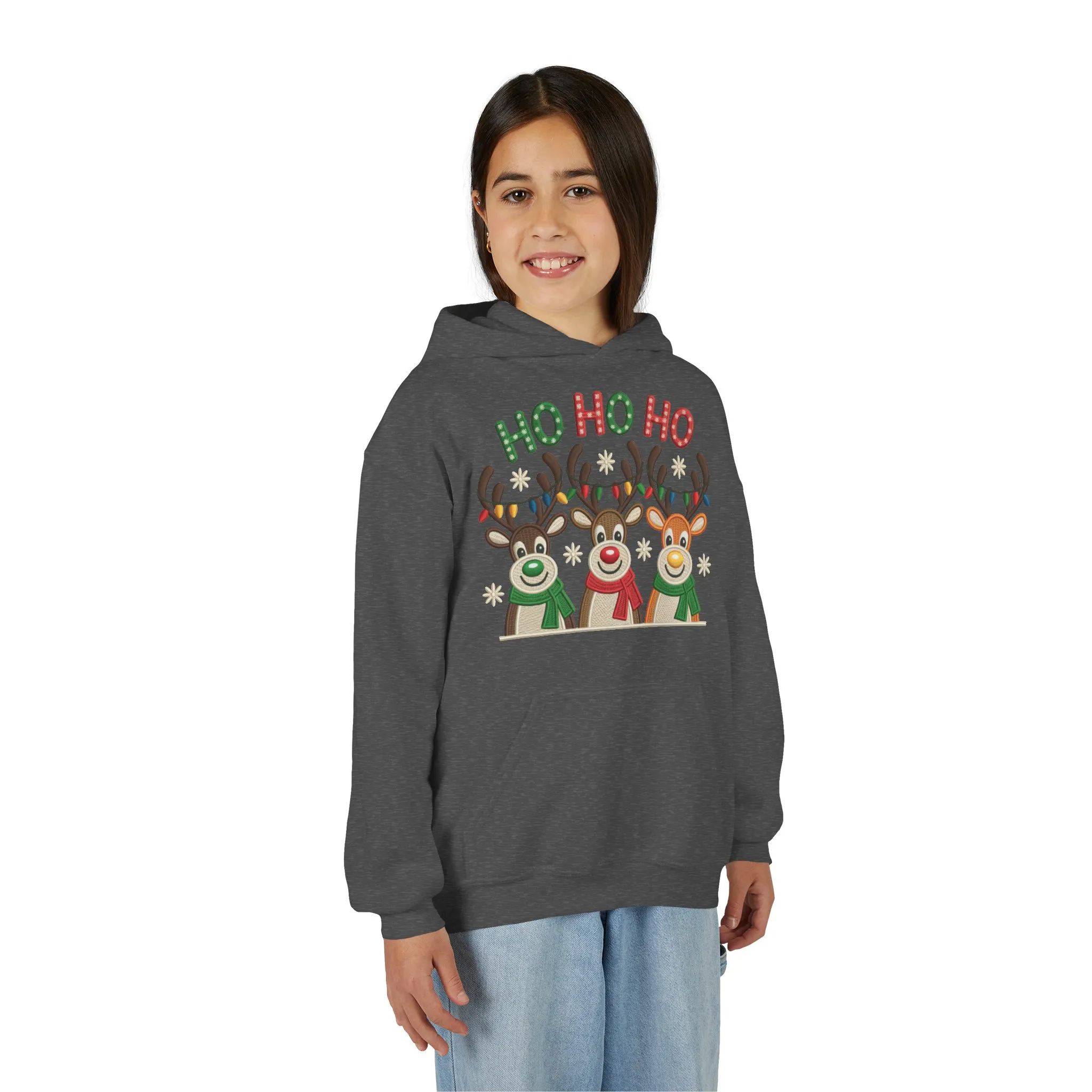 Ho Ho Ho Reindeer Hoodie for Girls, Cute Christmas Holiday Kids Pullover, Youth Hooded Sweatshirt - Image 12