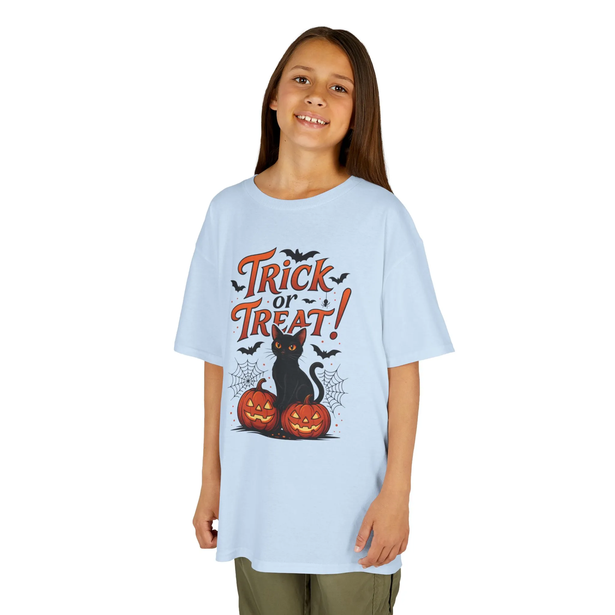 Cute Trick or Treat Black Cat T-Shirt for Girls Boys, Fun Spooky Halloween Tee, Pumpkin Cat Shirt for Kids, Fall Party Outfit - Image 2