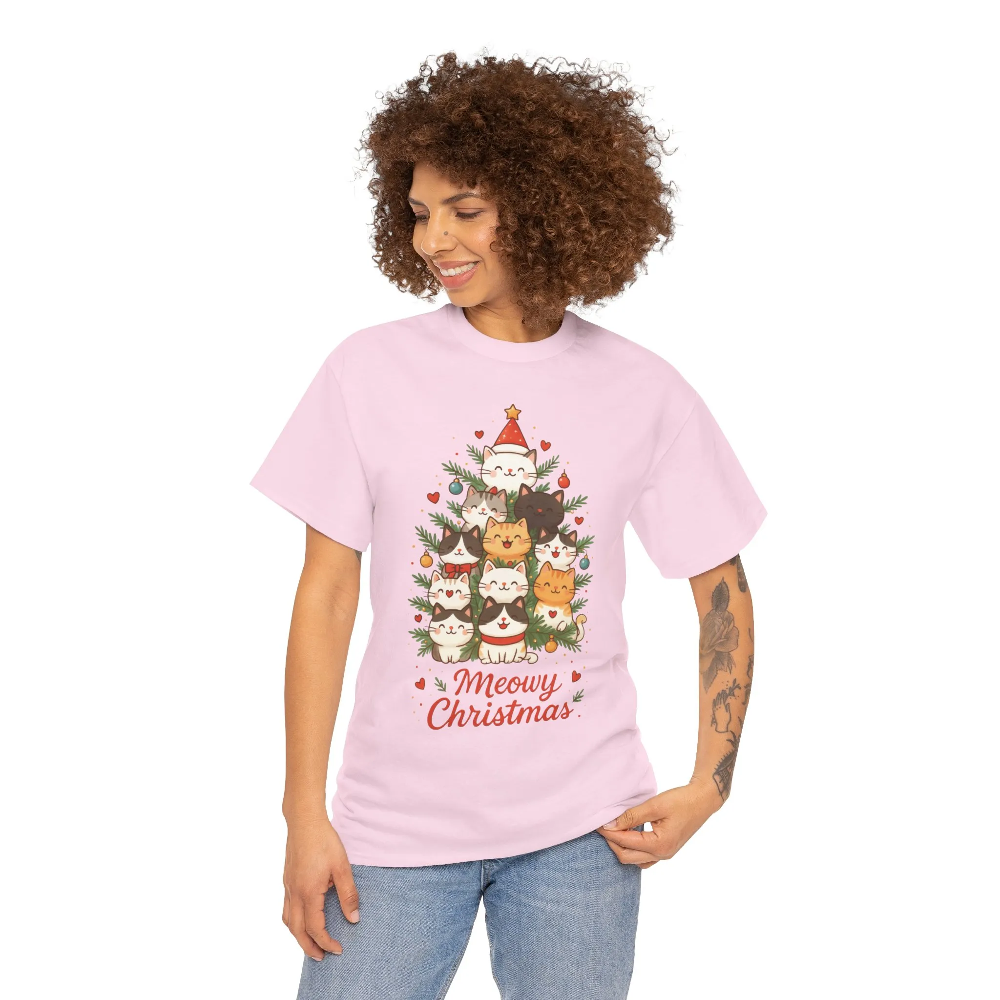 Women's Meowy Christmas Cat T-Shirt, Cute Holiday Kitty Tree Tee