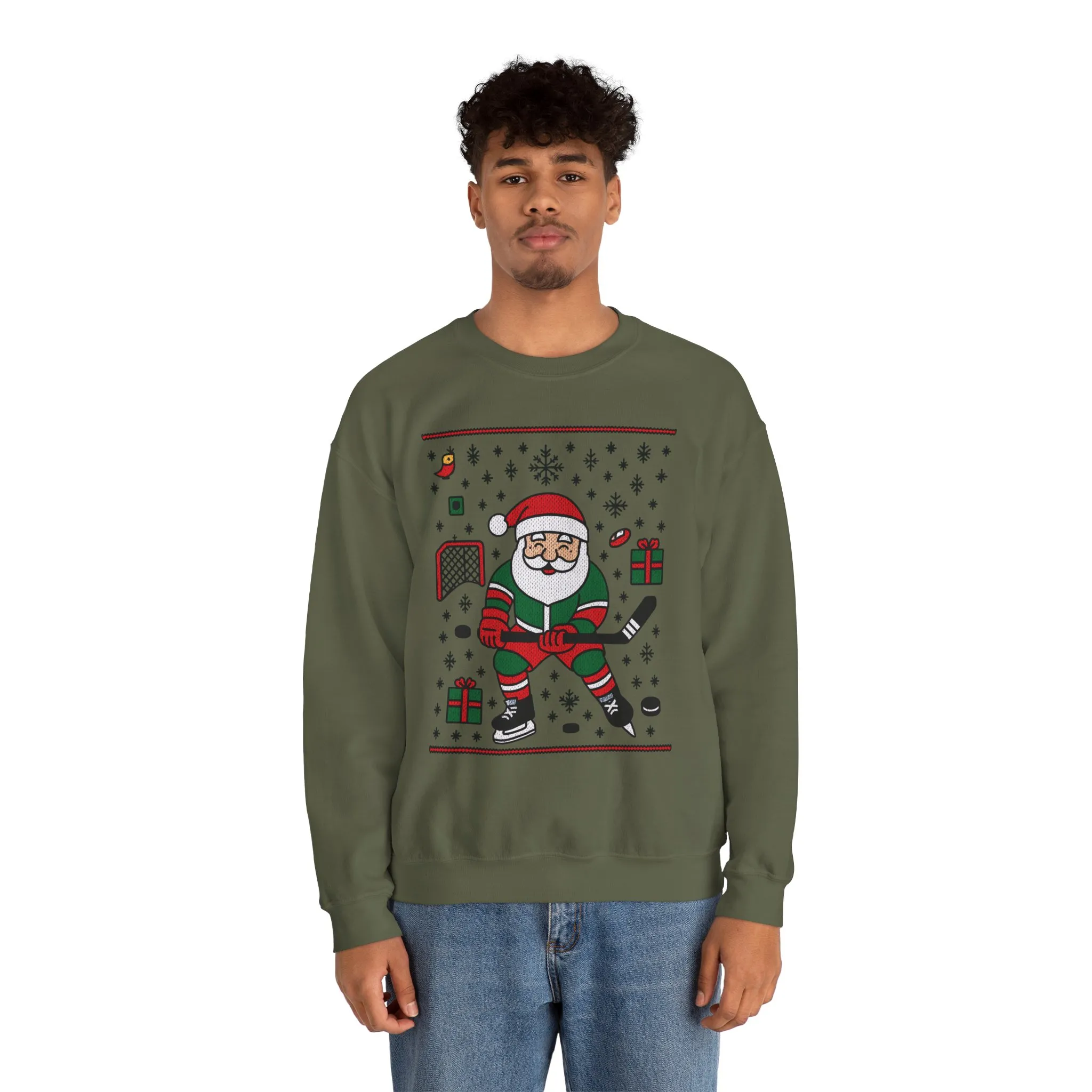 Hockey Santa Men's Christmas Sweatshirt, Funny Sports Holiday Jumper - Image 8