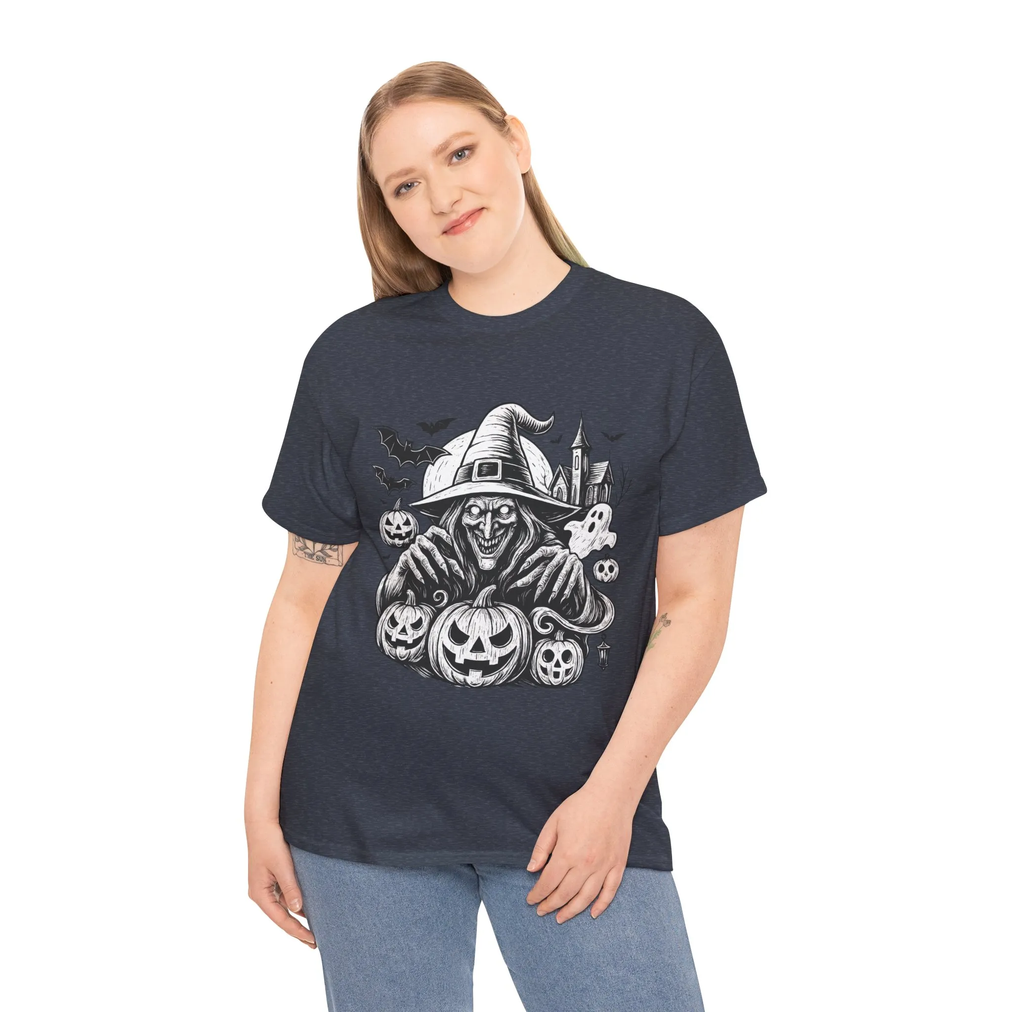 Scary Witch Halloween Shirt Women, Gothic Pumpkin Ghost Tee, Spooky Horror Tee with Bats - Image 15