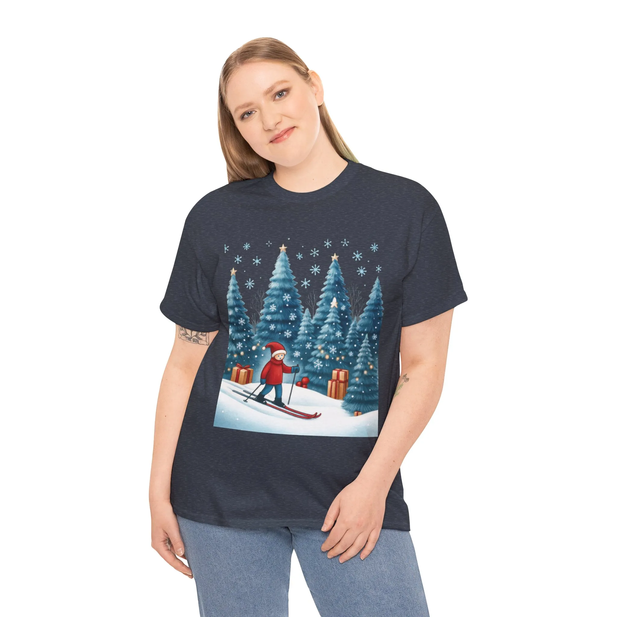 Womens Cute Winter Holiday Graphic Tee, Christmas Skiing T-Shirt, Women's Heavy Cotton Tee - Image 18