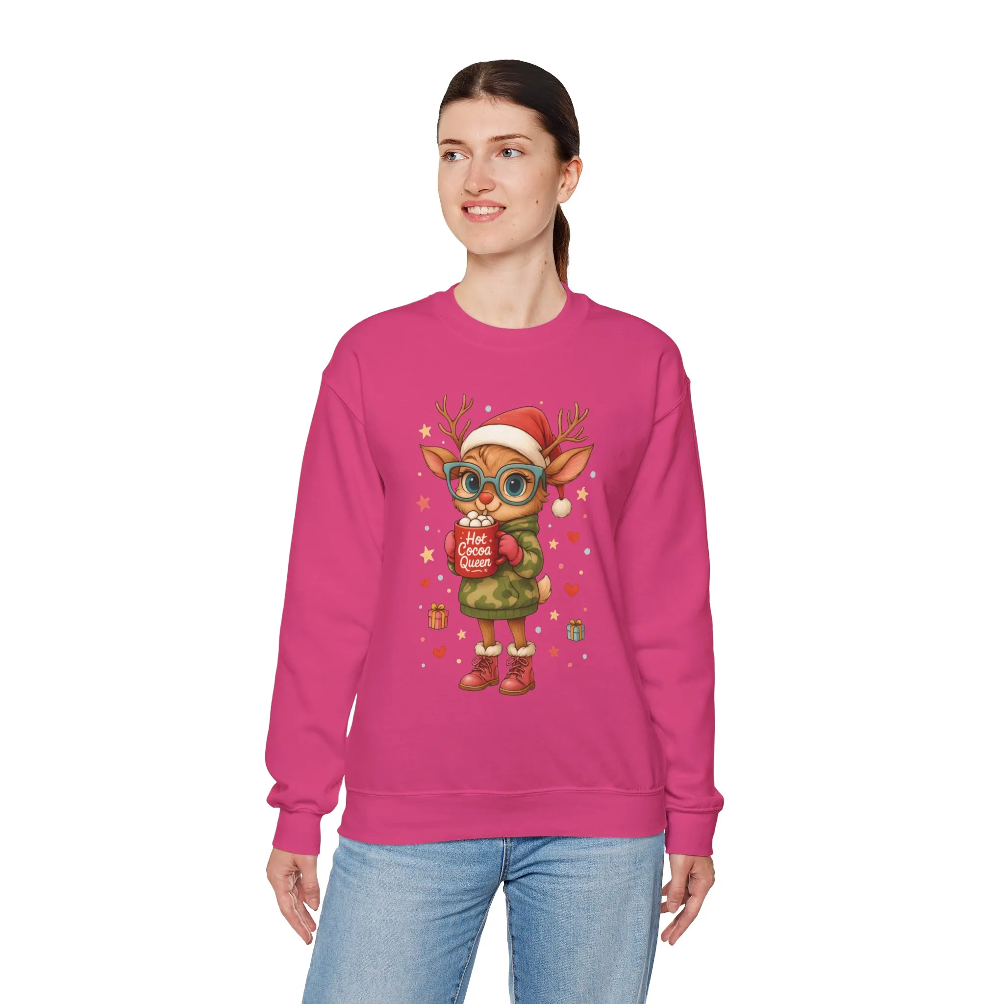 Hot Cocoa Queen Christmas Women's Sweatshirt, Cute Cozy Holiday Reindeer Pullover - Image 24